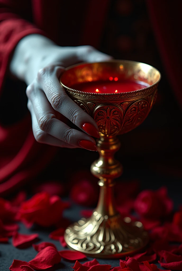 A close-up of a vampire's hand holding a big golden grail filled with blood on the table with rose pedals, glowing red liquid inside the grail, holding with single hand, focus on the hand, hand with a ruby ring, skinny hand, pale gray skin, crimson nail color, velvet tunic, sharp and pointy nails, photorealistic, ethereal, dramatic lighting, chiaroscuro, intricate details, gothic horror, dark fantasy, deep red colors, dramatic shadows, moody atmosphere