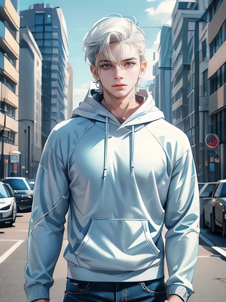 handsome man , white hair , very short hair, ((Flat head hairstyle:1 )) , blue eyes , light skin , ((muscular:1)),male ,wearing a hoodie , blue jeans，streetwear, Street Fashion ,(masterpiece, best quality )detailed, 1 character ,  Soft faded color , Cell shadowing，pastel tones ,pastel colors ,