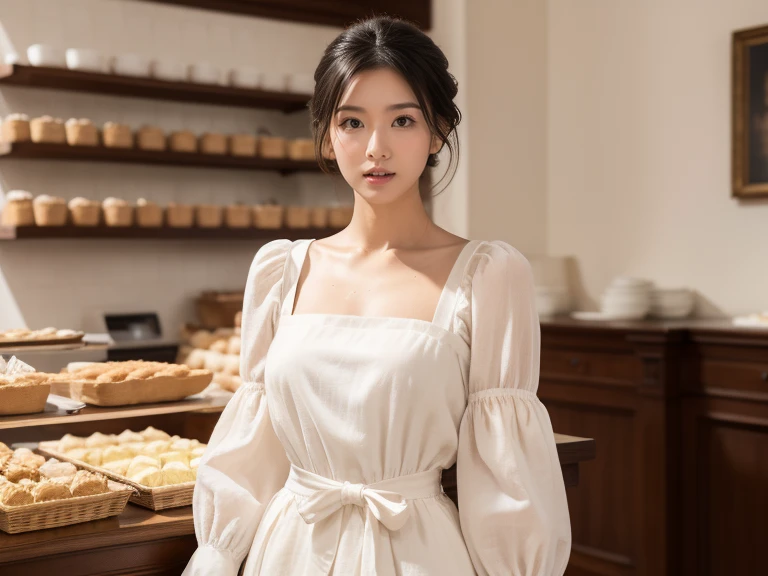 best quality, full body portrait, delicate face, pretty face,slim figure,OL, instagram photo, 40 year old, breathtakingly korean woman, eyes sparkling with joy, she stands at a vintage bakery shop, side dutch pose, ((turn towards right side)), (masterpiece), (1 woman), preppy model, feminine, (cute face), (incredibly beautiful body), top-quality, ​masterpiece, high resolution, Photorealistic, highly detailed, true to life, detailed eyes, detailed beautiful skin at ears, (no earrings), life-like detailed beautiful brown eyes, ((styled loose Updo hair, long black brown relaxed hair)), (((hair tucked behind ears))), extremely detailed skin, slight skin blemish, moist nude lips, (exceptional delicate perfect ears), hyper realistic, big dark brown eyes, sincere, confident, mesmerizing eyes,(double eyelid), (realistic face), ((fresh dewy healthy skin texture)),nice teeth, (moist lips)), light natural makeup, translucent white skin, realistic eyes, round iris black pupils, sparkly eyes, beautiful ear skin texture, (realistic skin), attractive, ultra high resolution, extremely realistic, wearing a feminine romantic cottage apron white dress long sleeves, intricate detailed blend of linen cotton fabric and lace detailed stitching delicate frill dress embroidered on the chest, a thin velvet ribbon neck princess bow, pleated at waist mid-length a-line skirt, beige brown colors fashionable feminine waitress by Max Mara Ready-to-Wear dress, very detailed, golden ratio, graceful, (no jewelry), bare nude skin at neck, (nude ears), sharp focus face side body, no earrings,effortlessly,serene eyes, natural morning daylight, Realistic,sharp focus,(intricate:1.03), Hyper Real, background: a french bakery shop, detailed french fruit pastries and sweet strawberry raspberry cakes,Victorian door,extremely delicate and beautiful, Raw photography, mood is a crisp morning serene nostalgic bakery interior design, depth of field, ((((8k wallpaper))),16k,  