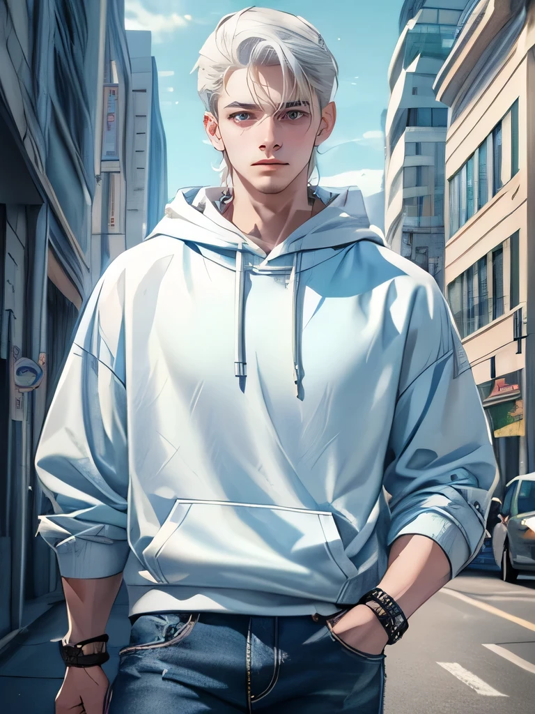 handsome man , white hair , very short hair, ((Flat head hairstyle:1 )) , blue eyes , light skin , ((muscular:1)),male ,wearing a hoodie , blue jeans，streetwear, Street Fashion ,(masterpiece, best quality )detailed, 1 character ,  Soft faded color , Cell shadowing，pastel tones ,pastel colors ,