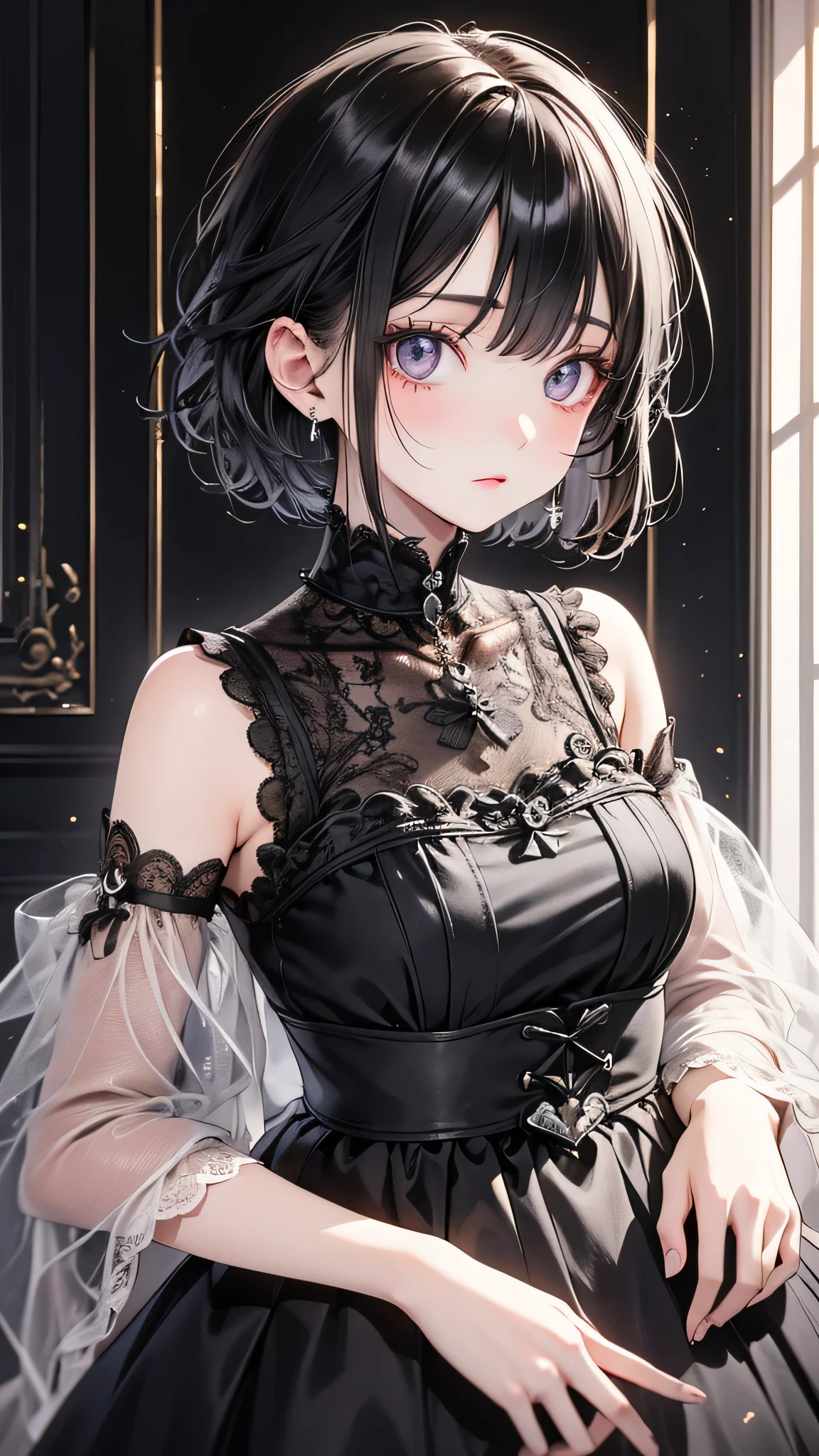 High resolution, masterpiece, ruka sarashina, short hair, Black Hair, (alone), One person, cute, interior, Detailed eyes, (Iris)