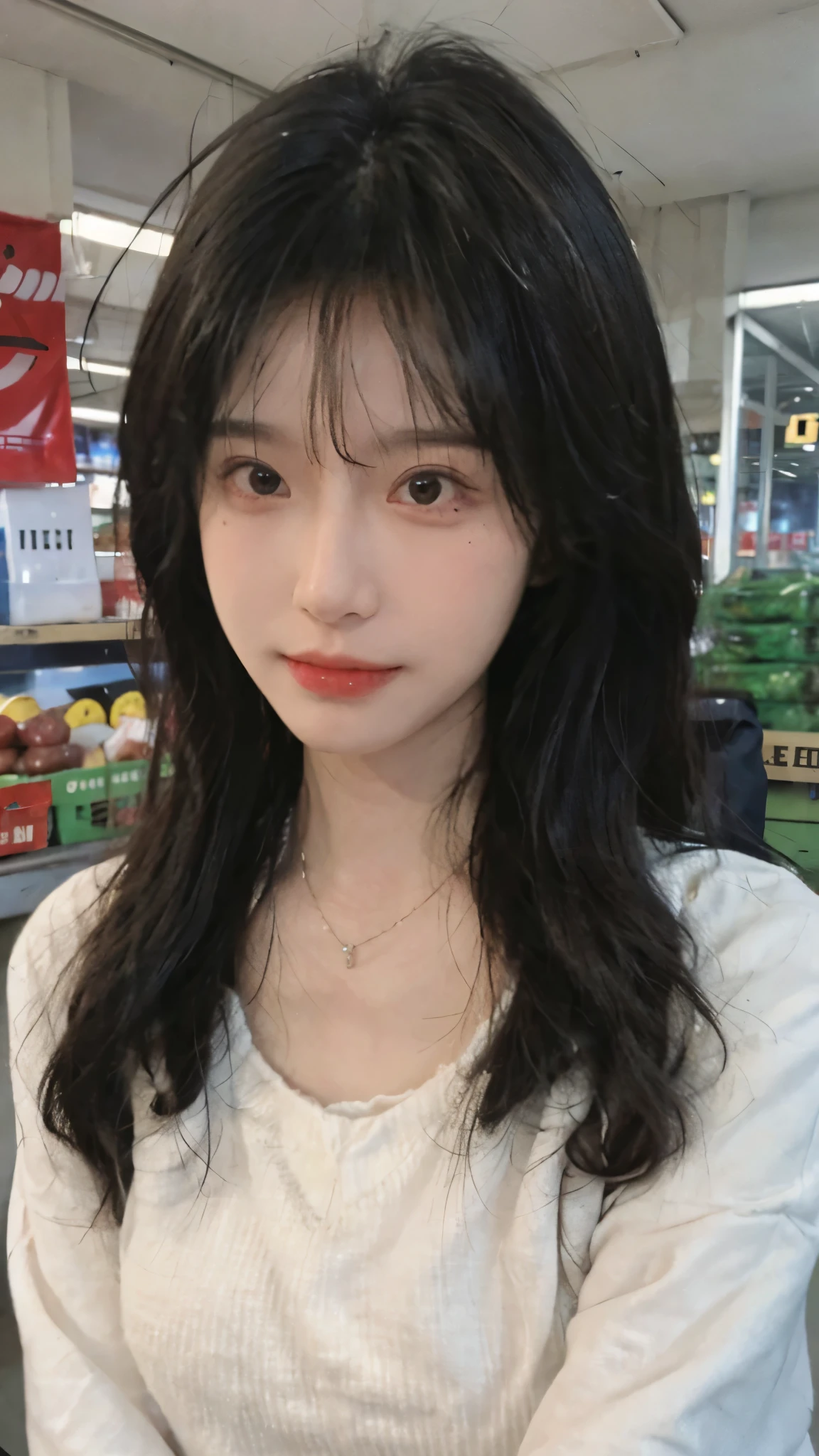 Best quality,Ultra-high resolution,(Realism:1.4),Cute hairpins,girll,Cropped black sweater,Look directly at the audience,Full of atmosphere,Beautiful woman with a slim figure:1.4,supermarket,whole body,Super delicate face,Exquisite eyes,Double eyelids,necklace