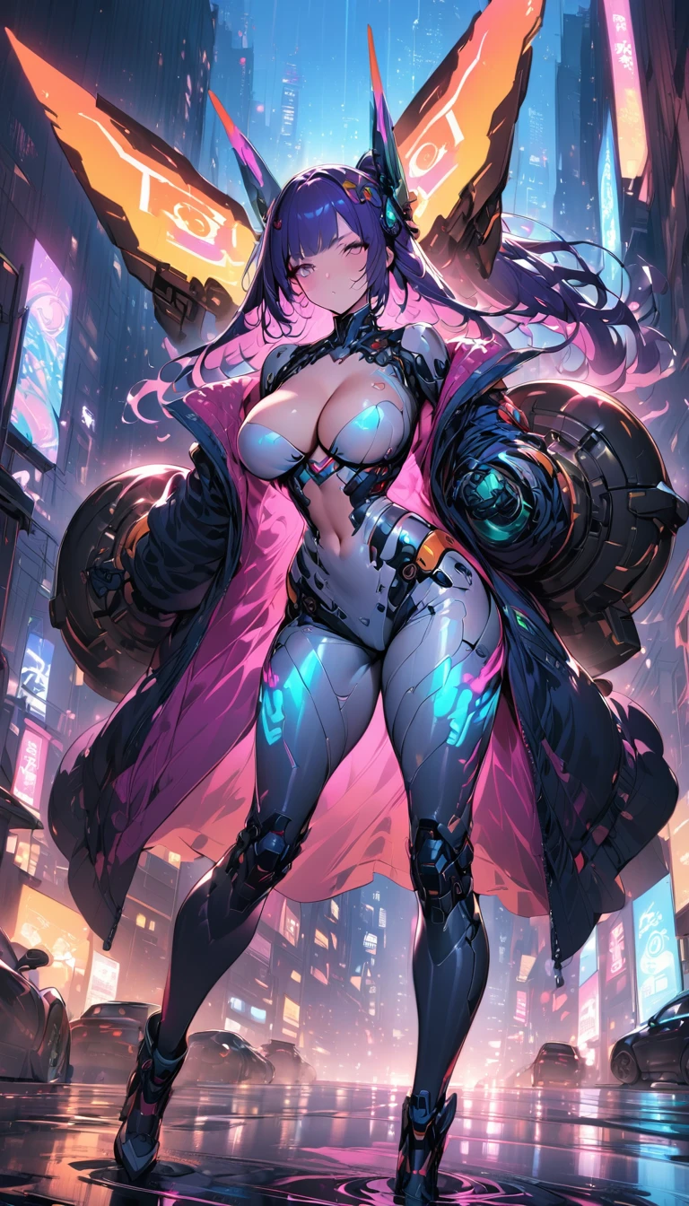 best quality,4k,8k,highres,masterpiece:1.2),ultra-detailed, extremely detailed eyes, extremely detailed body, (large masterpiece digital art), (detailed manga illustration), (detailed line art), ((perfect anatomy)), high quality, expressive eyes, full body, tall girl, detailed face, beautiful face, perfect face, breasts, cleavage, gloves, A photograph of mid-twenties Japanese female android made of shiny white and silver translucent glass and plastic, geisha makeup and hairstyle, silver metal internal body mechanisms, dynamic pose, flowing organic construction, glowing golden circuitry, colorful neon trim, glowing circuitry, neon trim, depth of field focus f/2.8, art by H.R. Giger, Greg Rutowski, bodysuit, thick thighs, toned, emblem, cinematic lighting, dynamic lighting, 4k resolution, dynamic pose, weapon, energy weapon, cover, mecha musume, fortified suit, mechanical parts, headgear, robot joints, bodysuit, deva battle suit, gloves,