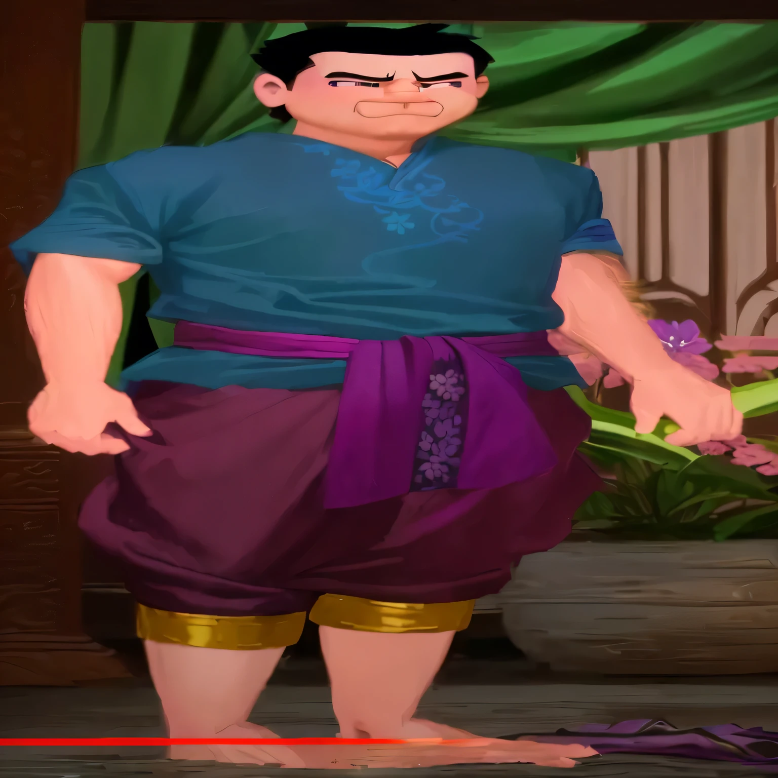 a close up of a cartoon character in a blue shirt and purple pants, dark pruple robes, dark purple robes, wearing pink floral chiton, potion belt, silk belt, saggy purple robes, purple robes, mage robe based on a toucan, sarong, ingame image, monk's robe, wearing floral chiton, monk clothes