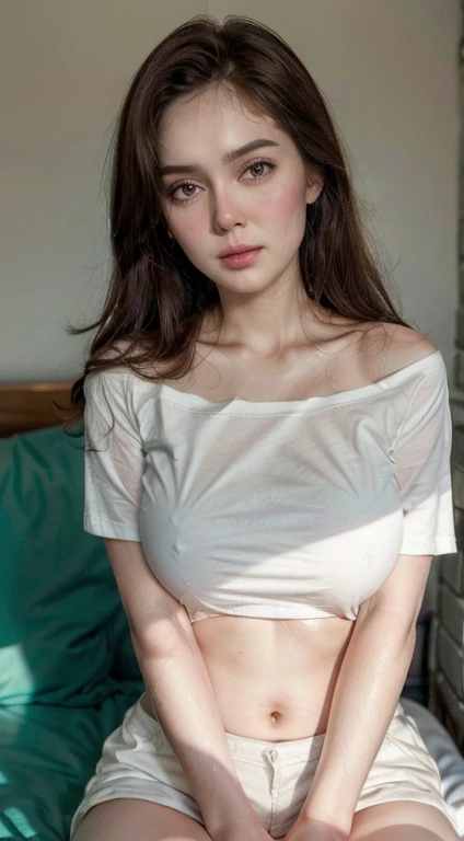 1girl, 25 years old, very huge breast, big thigh, slim body. Wearing short sleeve t-shirt, white t-shirt, very transparent t-shirt, very thin t-shirt. (Cleavage), off shoulders, (exposed nipples from outside of her t-shirt). Lying on rhe bed. (Her face is very wet), (her body is very wet). Show shoulders, show thigh, show legs.