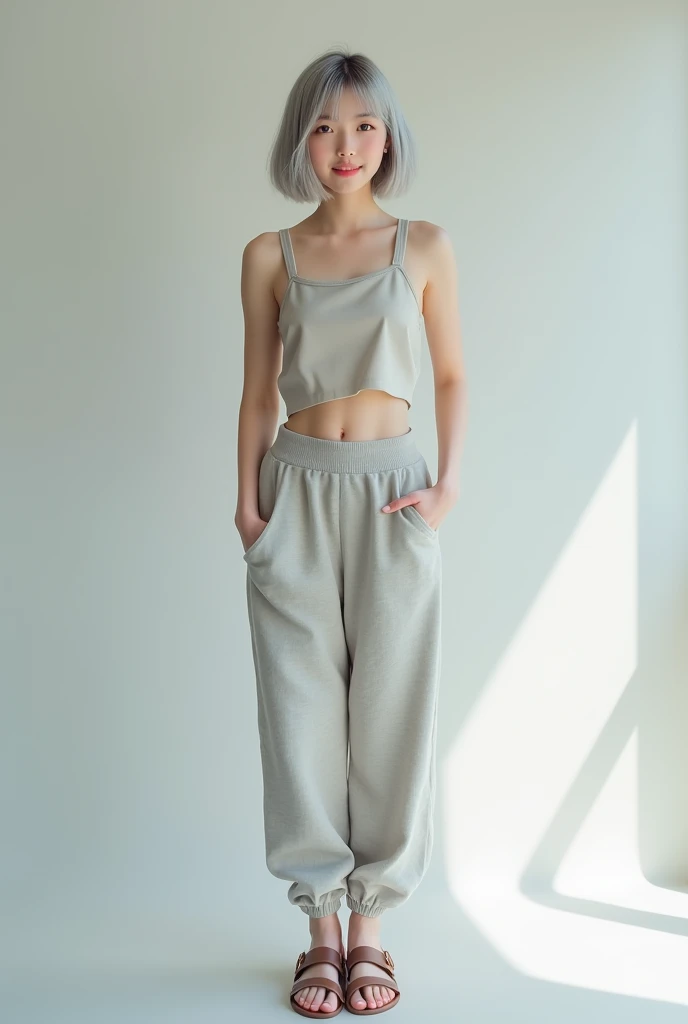 (8k, Photorealistic, Raw photo, Highest quality: 1.4),Japanese idol-style beautiful girl,model,1 person,18-year-old,(Short Bob),(Silver Hair :1.2),She has her hair tucked behind her ears,Clear grey eyes,Long eyelashes,(piercings(small)),(Lip gloss),lips(Plump,glossy),thin long neck,Sleeveless tops(Linen fabric),(Wide leg pants((High waist),(Sweat fabric),(Length that covers the instep))),barefoot,Sandals,studio,Front view,Looking at the camera,Full body portrait