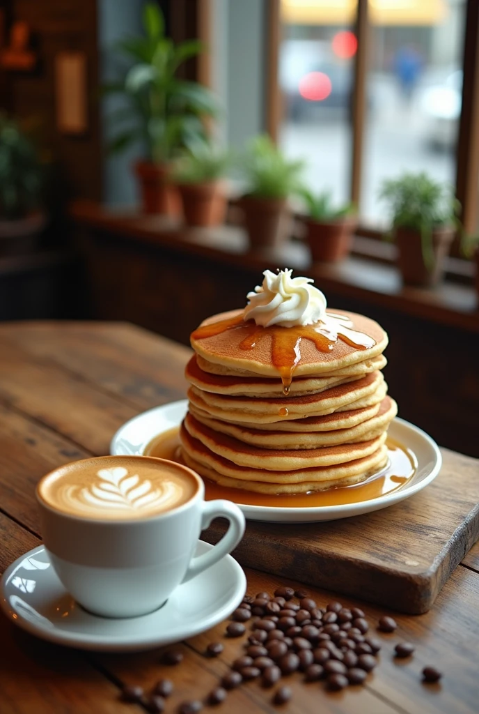 Fluffy pancakes and a cafe latte