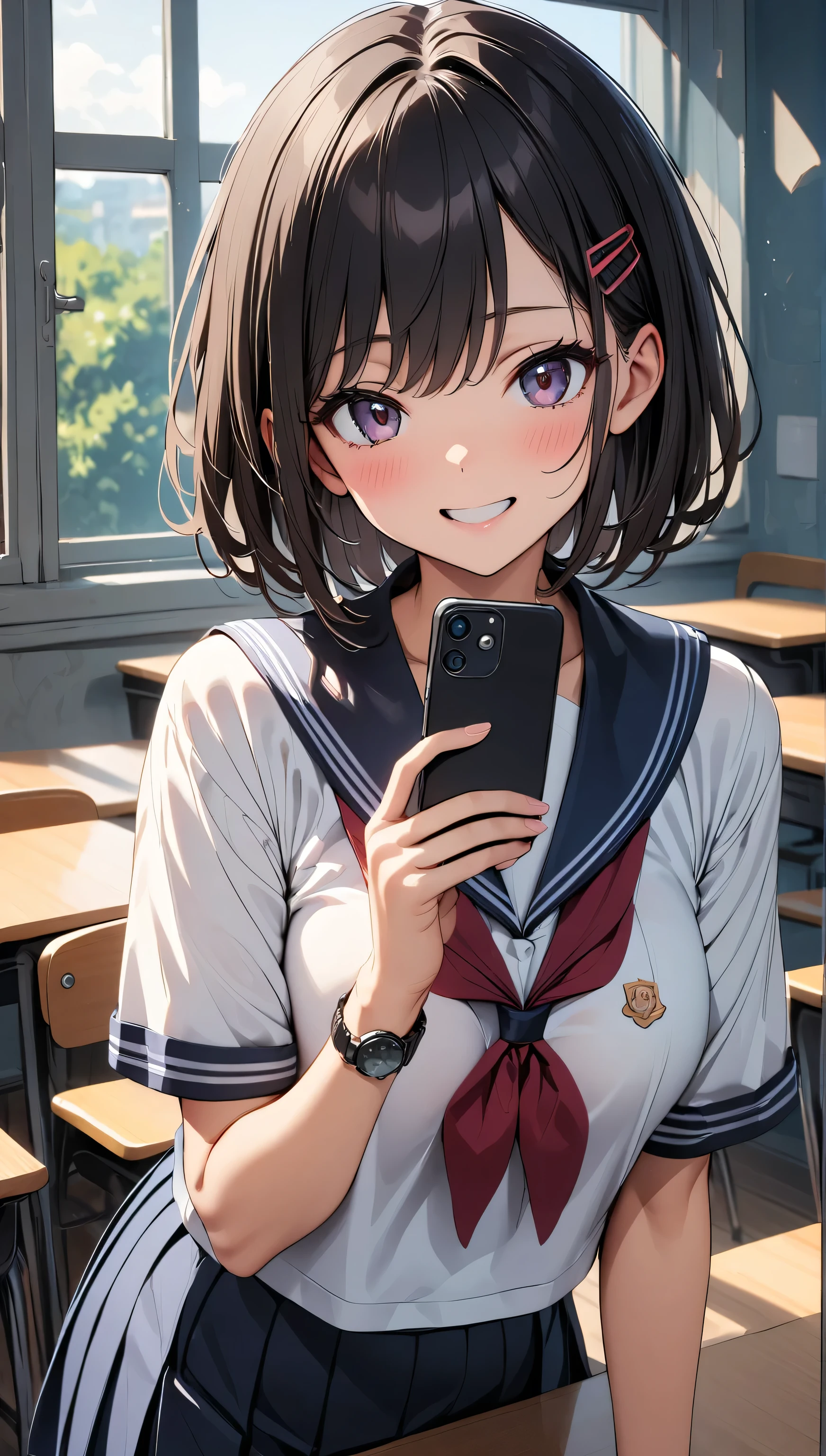 A photo of a smartphone screen, 1 person, Black Hair, Shortcuts, Hair Clip,Watch viewers embarrassedly, School uniforms, Sailor suit, classroom,window:1.2, blush, (Smartphone in hand、Show me the screen of your smartphone))1.4, smile, Please open your mouth a little, Light and shadow with attention to detail, Background Blur:1.2, Shallow depth of field, (Highest quality:1.2, 4K, 8k, Very detailed, Attention to detail, masterpiece:1.2, Best aesthetics),