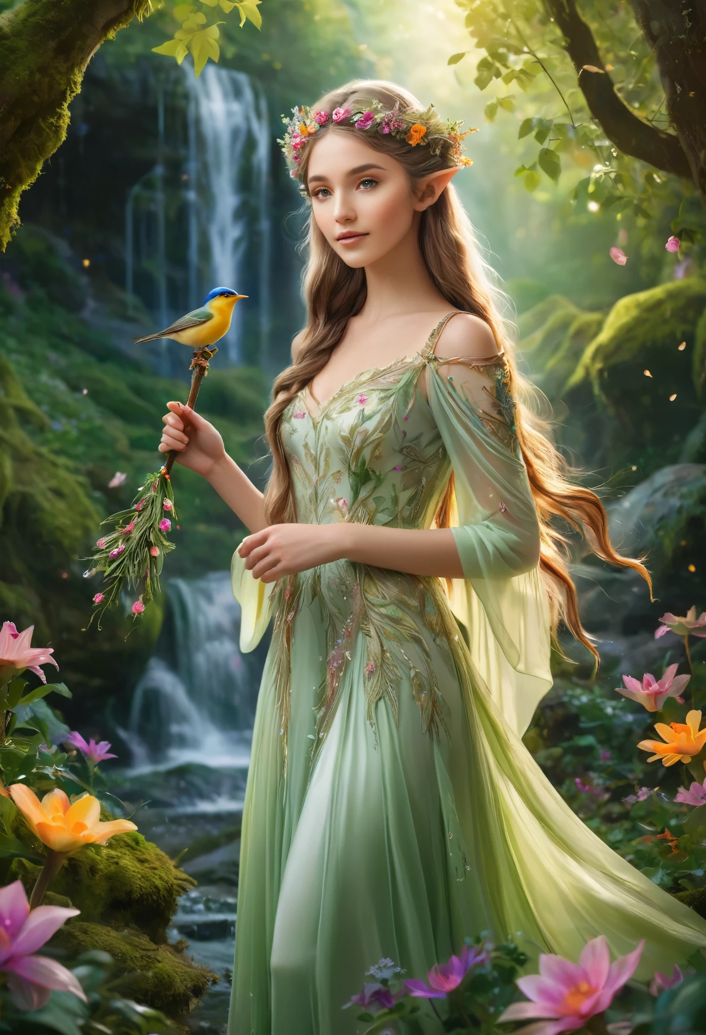 (masterpiece:1.2),(photorealistic:1.4), with pointy ears and bright eyes. The elf is standing in a vibrant and enchanting forest, surrounded by colorful flowers and tall, majestic trees. The sunlight filters through the leaves, casting a warm and ethereal glow. The elf is wearing an elegant gown made of shimmering silk, adorned with intricate embroidery and delicate patterns. Her flowing hair is adorned with flowers and leaves, creating a natural and ethereal crown. She holds a magical staff in her hand, emitting a soft and gentle glow. In the background, a waterfall cascades down from a moss-covered cliff, creating a soothing and melodic sound. The air is filled with the sweet scent of blooming flowers and the chirping of birds. The scene is filled with a sense of tranquility, magic, and natural beauty, transporting the viewer to a world of fantasy and wonder(best quality,highres)