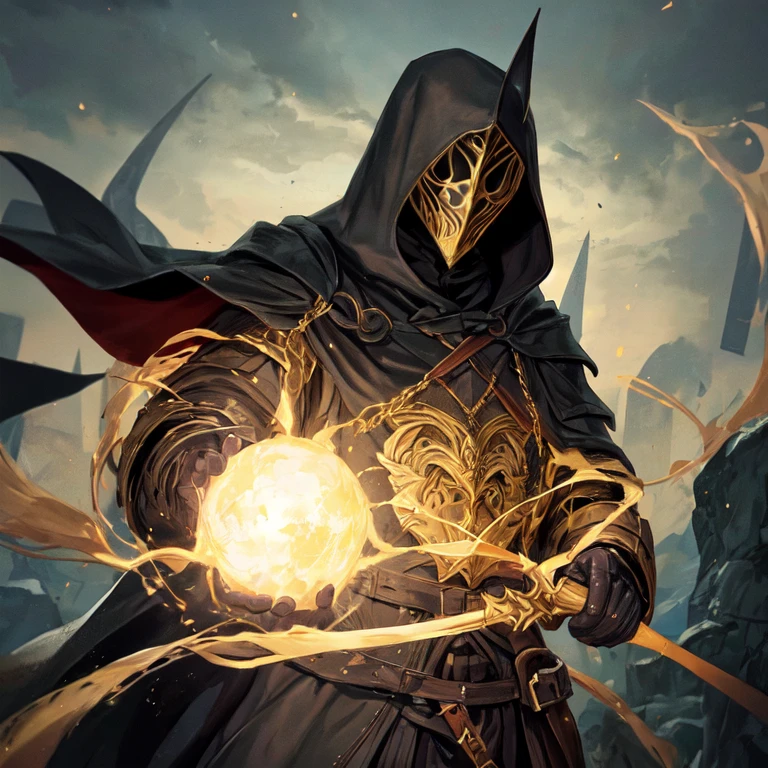 The Nazgûl man in black, in dark-golden armor with a black cloak with a hood on and a helmet covering the face with black hair