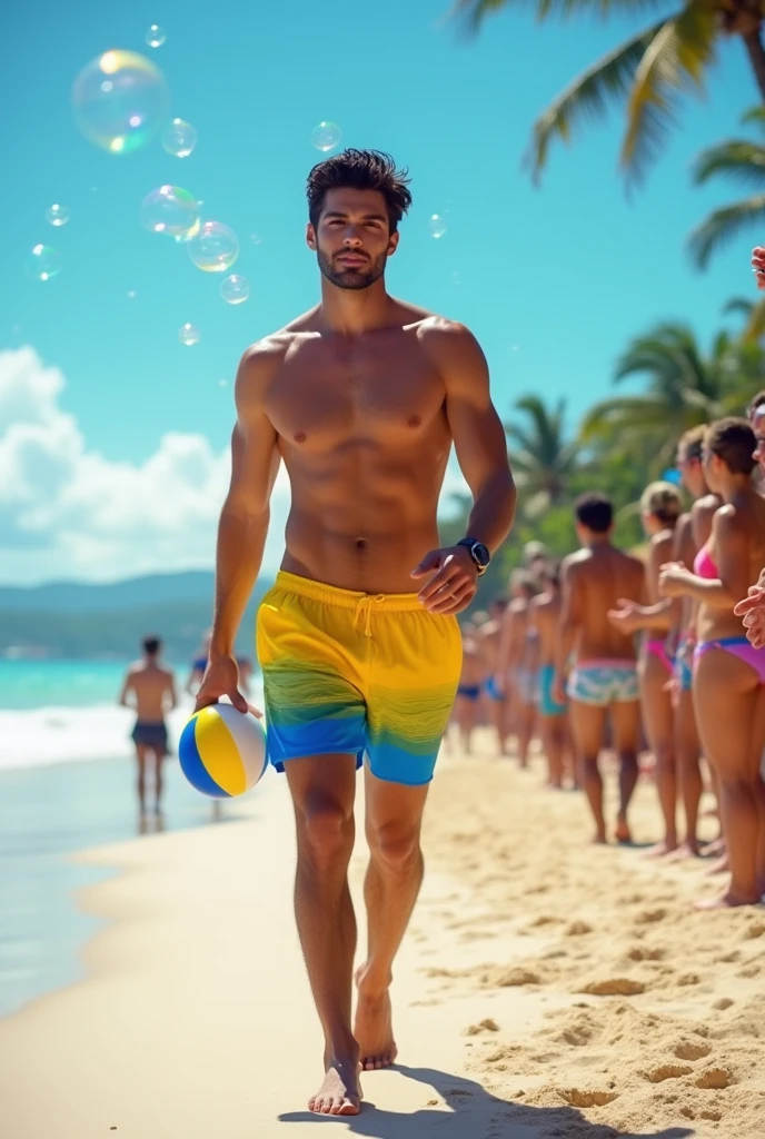 A handsome 27-year-old tall white young man in a men's fashion show on the beach shore wearing a yellow and blue Brazilian swimsuit with a beach ball in his hand, many people applaud him and bubbles around him, Brazilian boxer uncensored, white skin tall with black hair