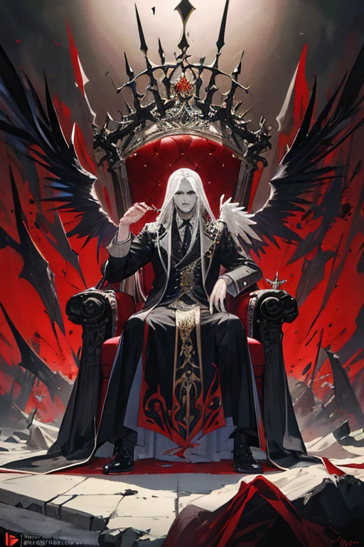 Image taken from a video game of a man sitting on a throne surrounded by monsters, The Lord from Hell on the Throne, beautiful male angel of death, The Emperor Of Mankind, Former Demon King, Alucard, Dark fantasy art style, Sit on his throne., The God of the Underworld, By Yang J, Sitting on his throne, Haha