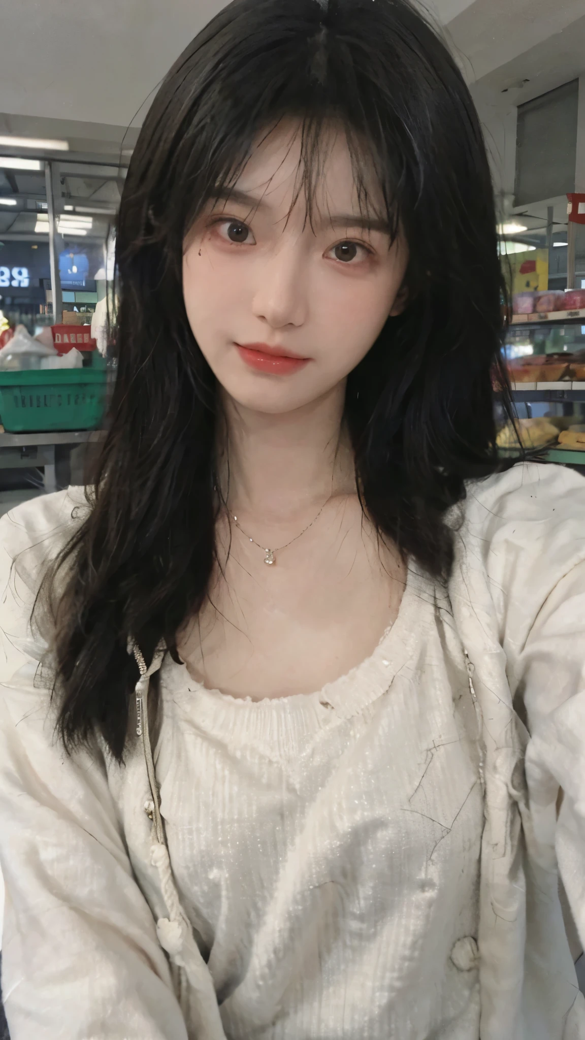 Best quality，Ultra-high resolution,(Realism:1.4)，Cute hairpins，girll,Cropped black sweater，Look directly at the audience，Full of atmosphere，Beautiful woman with a slim figure:1.4，supermarket，whole body，Super delicate face，Exquisite eyes，Double eyelids，necklace