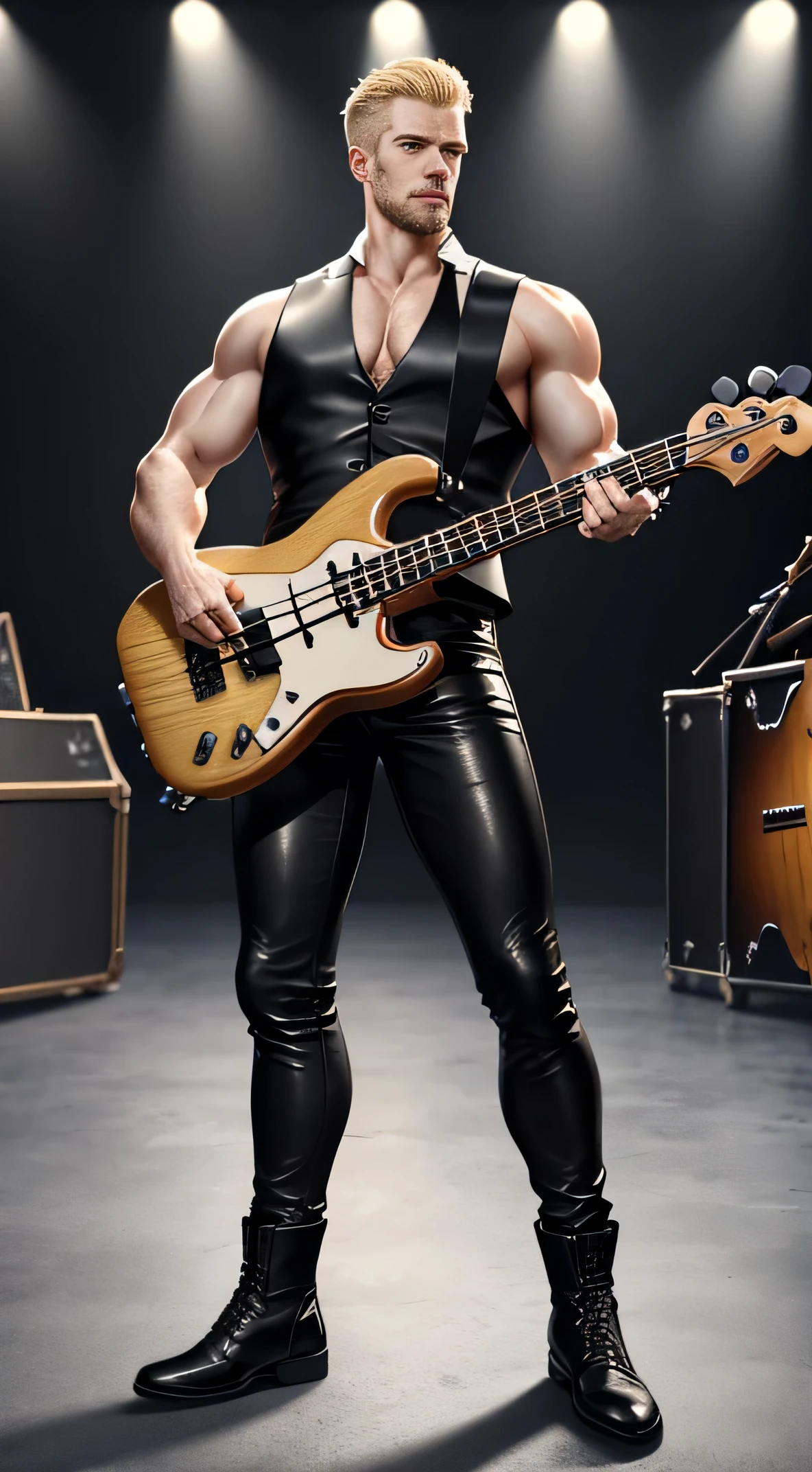 (Concept Art), masterpiece, Highest quality, Realistic, 8K RAW Photos, (Full body view)、Russian、30th Generation、male、Muscular、、Handsome、Big eyes、Blonde、Short Hair、Rugged face、Upper body naked、Black vest、Black leather pants、Playing bass guitar、The big stage in the background