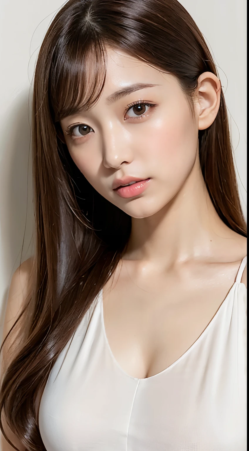 ((最high quality, 8k, masterpiece :1.3)), （（超Big Breasts））,（Slender、slender）, whole body、Light brown hair, Blunt bangs, Hair behind the ear, Hair that falls over the shoulders, Long Hair, Ultra debtine debtace, Thin face, Delicate lips, Beautiful Eyes, Light blush, eyes are light brown, Perfect glowing skin, Perfect Skin, Shining Sweat,Have a look at this, Ultra-thin needle, Very thin fingers, The optimal ratio is four fingers to one thumb, (Realistic:1.3),  White blouse with sheer sleeves、White wall、First Person View, debtuji debtilm, debt/1.2, 8k, Tabletop, んdebtdebt, Super Detail, high quality, 最high quality, High resolution,Abdominal muscles,Six Pack,Big Breasts