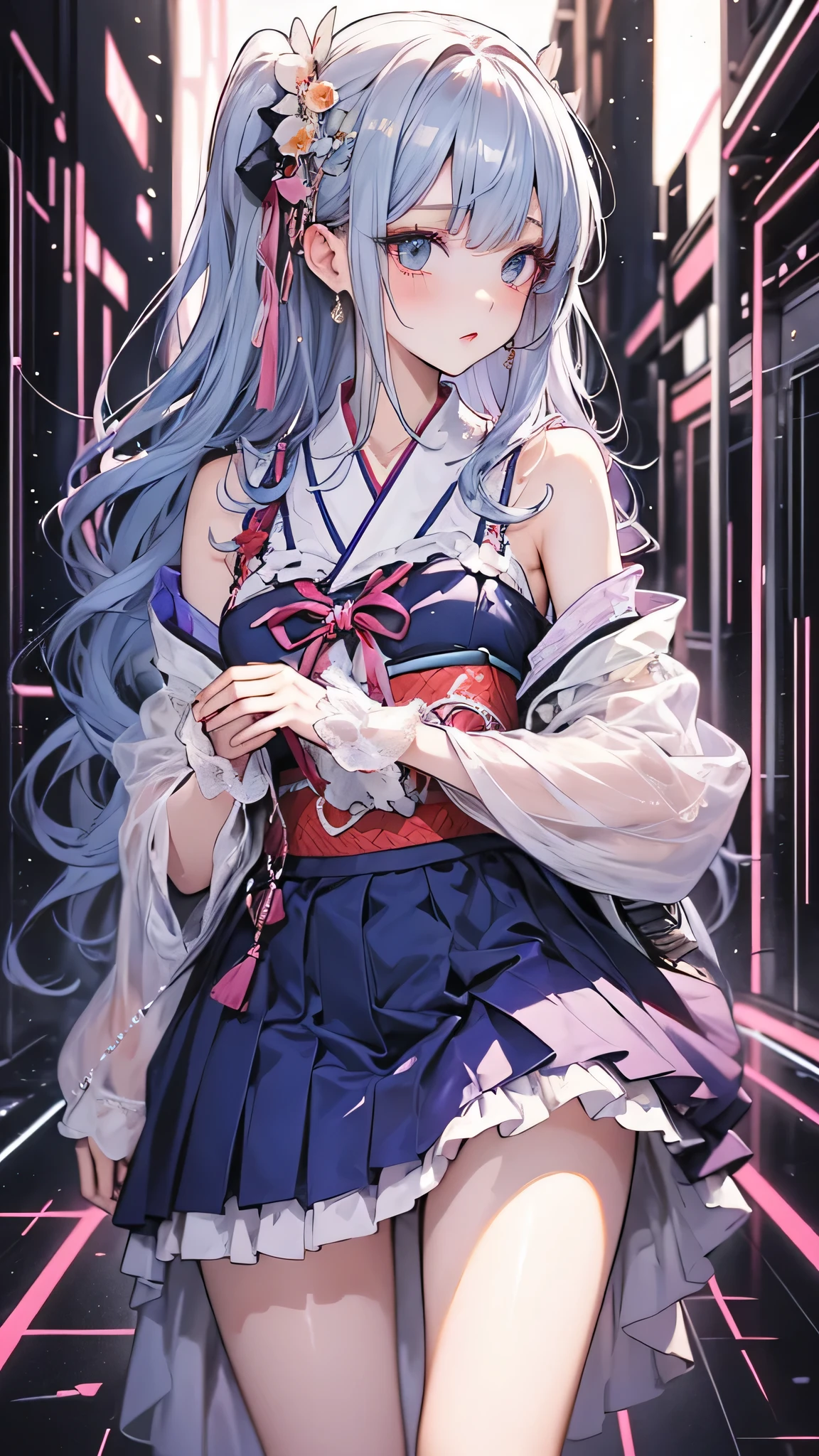 Anime School Girl, Wear a sexy outfit, Short kimono, Bare arms, Bare back, Bare shoulders, walk, Long Hair, Light blue hair, View the viewer, blue eyes