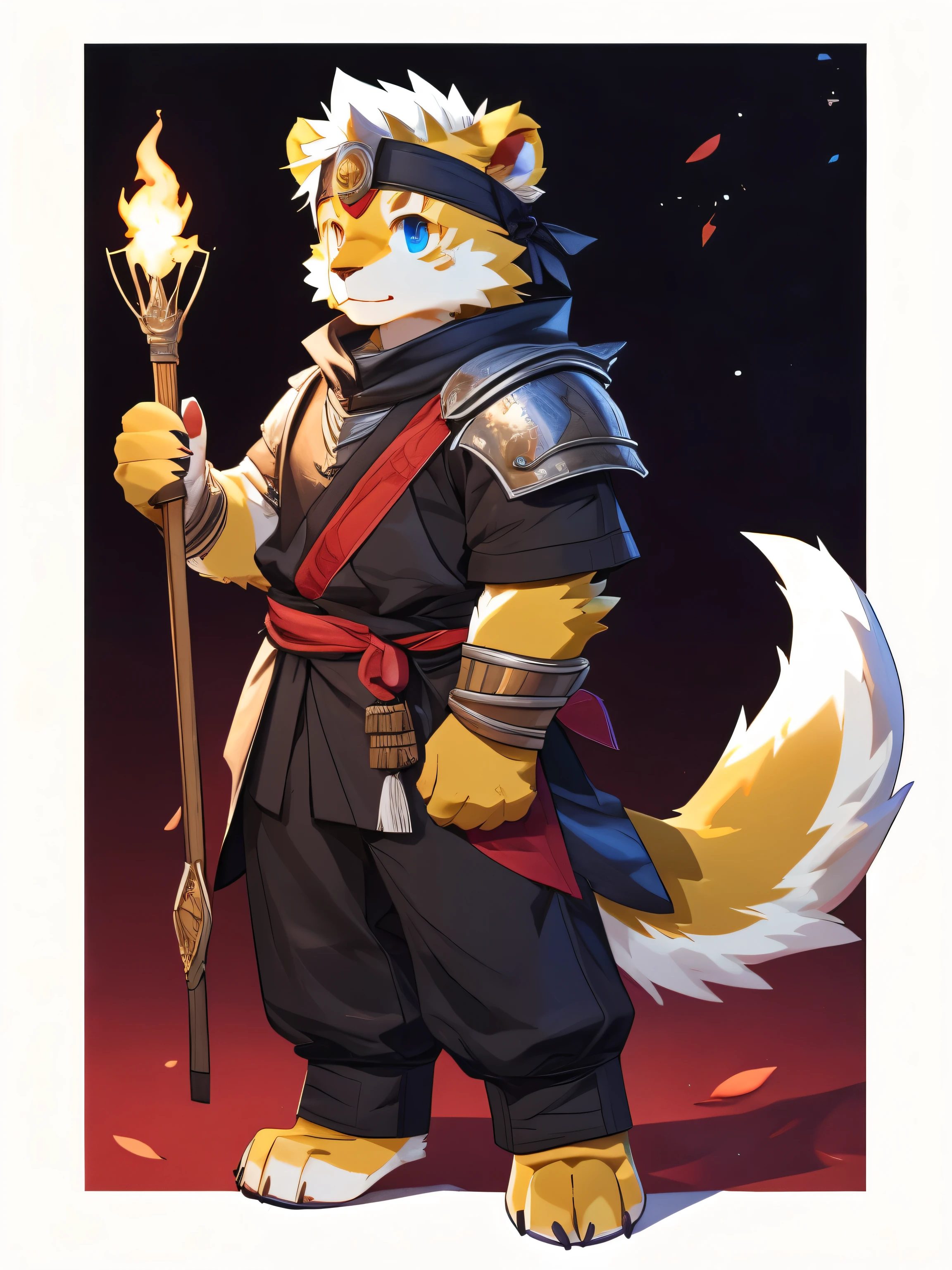 nj5furry，kemono，full-length portrait，anthro，hi res，male，White hair，Little lion，warrior，Headband，Metal Armor，strong，Plush paw，Fluffy hair，Plush tail，A tail，Delicate eyes，Detailed eyes