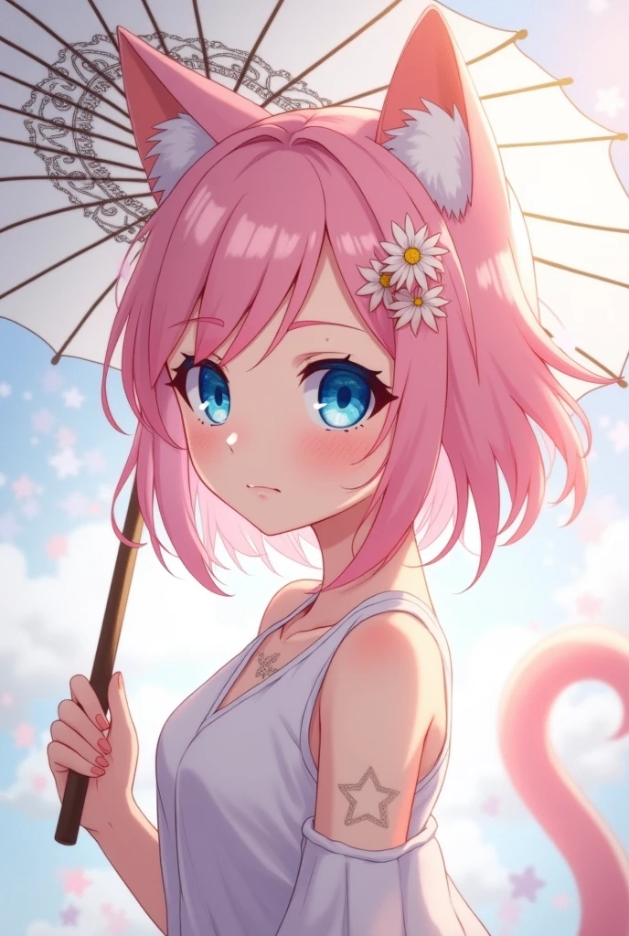 Fairy tail art style, girl, pastel light pink hair, cat ears, jirai kei style, white highlighted hair tips, ice blue eyes, cat tail, white parasol with flower patterns, flower earring on one side, little flowers on hair, flower hairpin, fairy tail mark on front shoulder, anime, elegant, mature,