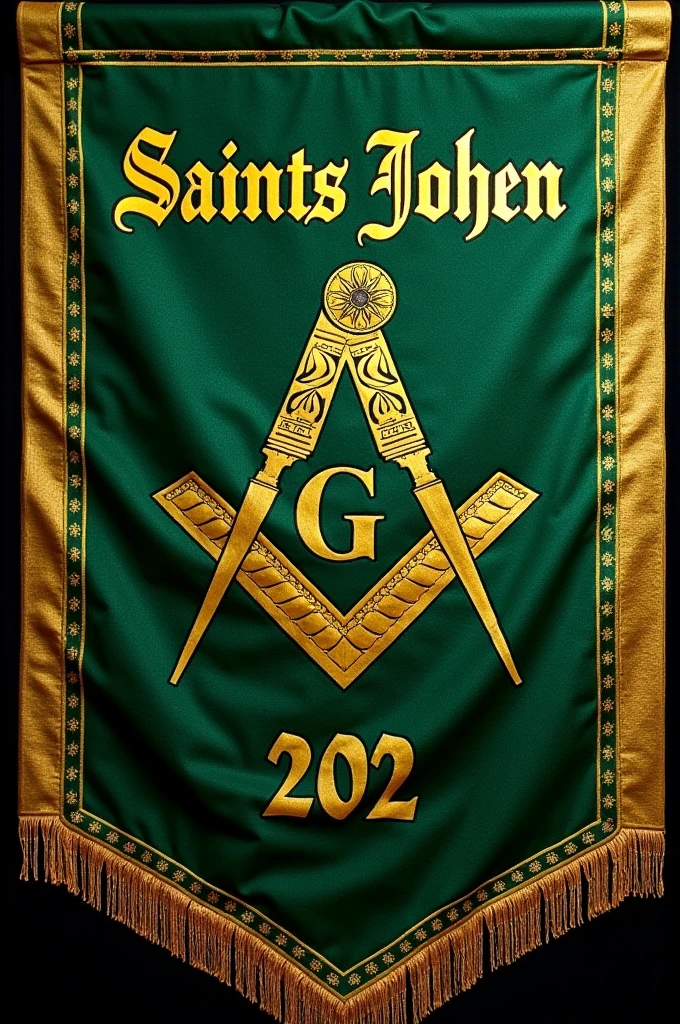 Banner for a Masonic lodge in moiré green containing the inscription in Latin in gold: "Saints John" No. 202, below the design of two lateral bars from left to right and in the middle of them a circle with a dot in the center
