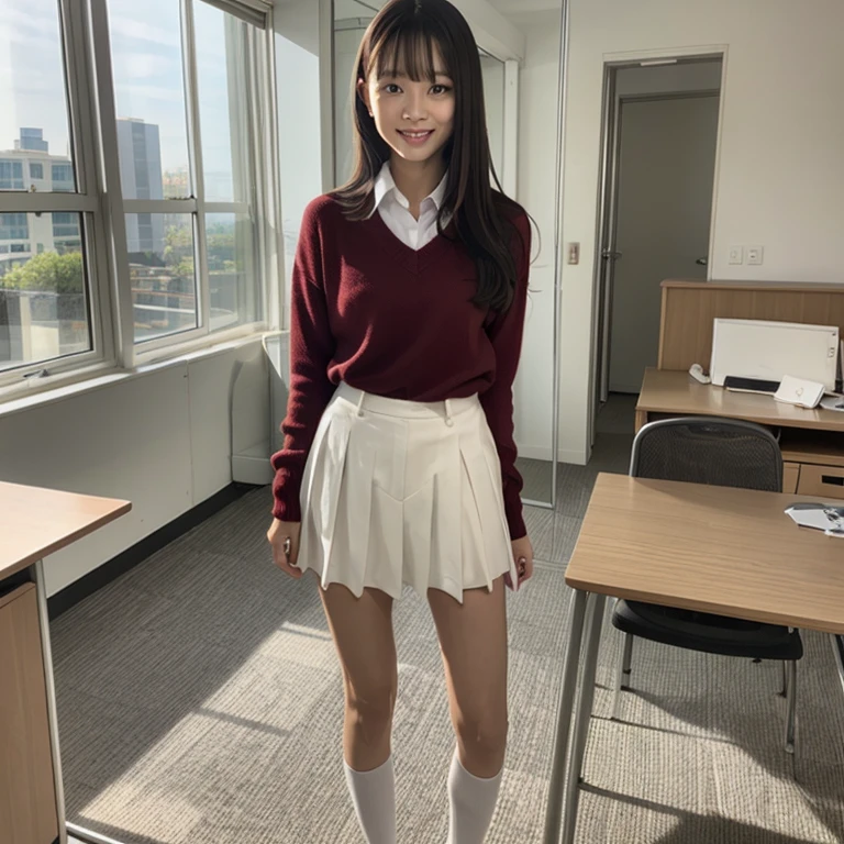 8k、(masterpiece, Highest quality:1.4)、Very realistic、Japanese、One Woman、She has a tall and slender figure with long legs.、Flat Chest、(((Description：In the office、clothing：OL uniform wearing)))、38 years old、(Hairstyle：Bangs(1.6))、The best smile、