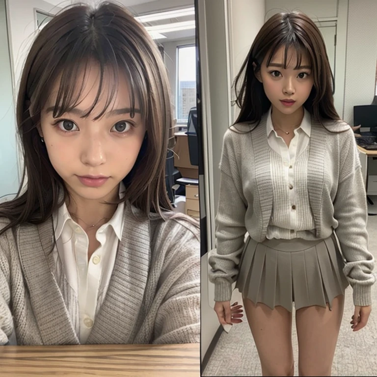 8k、(masterpiece, Highest quality:1.4)、Very realistic、Japanese、One Woman、She has a tall and slender figure with long legs.、Flat Chest、(((Description：In the office、clothing：OL uniform wearing)))、38 years old、(Hairstyle：Bangs(1.6))、The best smile、