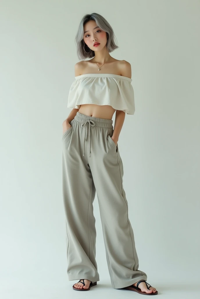 (8k, Photorealistic, Raw photo, Highest quality: 1.4),Japanese idol-style beautiful girl,model,1 person,18-year-old,(Short Bob),(Silver Hair :1.2),She has her hair tucked behind her ears,Clear grey eyes,Long eyelashes,(piercings(small)),(Lip gloss),lips(Plump,glossy),thin long neck,Off-the-shoulder tops(Linen fabric),(Wide leg pants((High waist),(Sweat fabric),(Length that covers the instep))),barefoot,Sandals,Cool pose,studio,Front view,Looking at the camera,Full body portrait