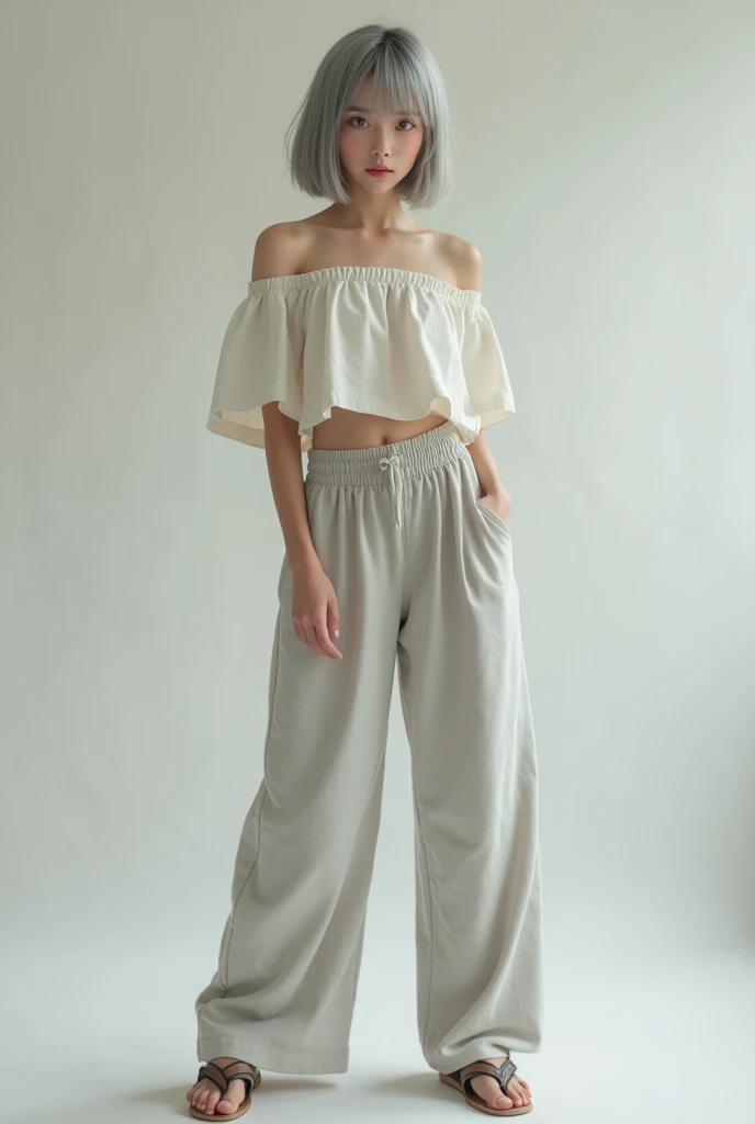 (8k, Photorealistic, Raw photo, Highest quality: 1.4),Japanese idol-style beautiful girl,model,1 person,18-year-old,(Short Bob),(Silver Hair :1.2),She has her hair tucked behind her ears,Clear grey eyes,Long eyelashes,(piercings(small)),(Lip gloss),lips(Plump,glossy),thin long neck,Off-the-shoulder tops(Linen fabric),(Wide leg pants((High waist),(Sweat fabric),(Length that covers the instep))),barefoot,Sandals,Cool pose,studio,Front view,Looking at the camera,Full body portrait