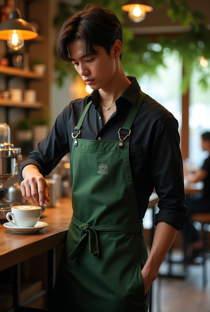 Uniform for a coffee shop employee, using only black and moss green