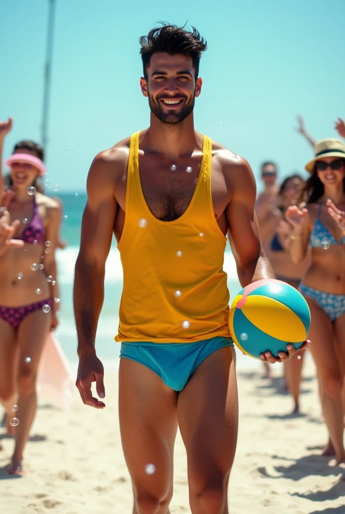 A handsome 27-year-old tall white young man in a men's fashion show on the beach shore wearing a yellow and blue Brazilian swimsuit with a beach ball in his hand, many people applaud him and bubbles around him, Brazilian boxer uncensored, white skin tall with black hair
