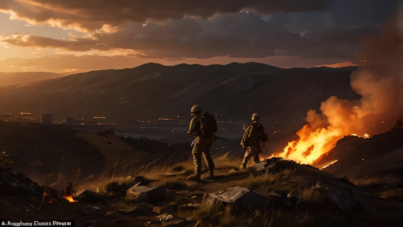 a detailed military scene, two soldiers on a hill top overlooking a ruined city, rocky terrain, fires burning in the background, destroyed buildings, cinematic lighting, dramatic atmosphere, photorealistic, highly detailed