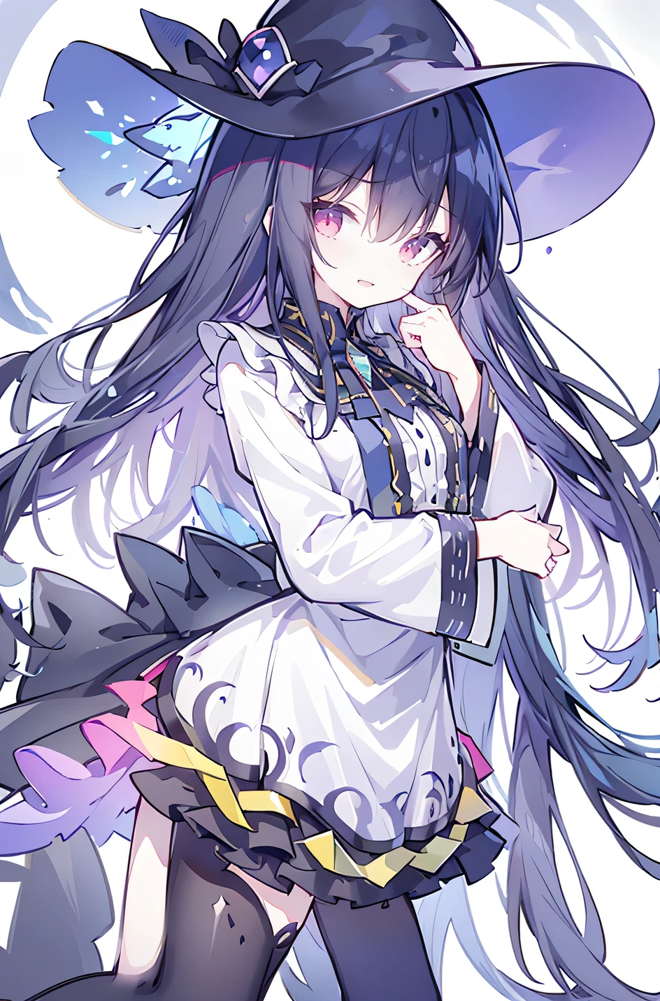 oung Girls,Humanity,A magician always smiles,big witch hat,cute,dark blue long hair,The eyes are dull,The bangs are heavy,Thin eyebrows,fantasy,intake,Double teeth,Star Theme,Constellation pattern,Solid color clothetal decoration,cloak,A bit of a dark atmosphere,A little crazy smile,When the big moon shines outside at night,blood,Hair black star embellishment,Short tie,No nails,High waist skirt,Bell sleeves,Long-sleeved shirt,Black tie,low risk,gentlemen。Mist、Yellow and white effect,Shocking pink as an accent color