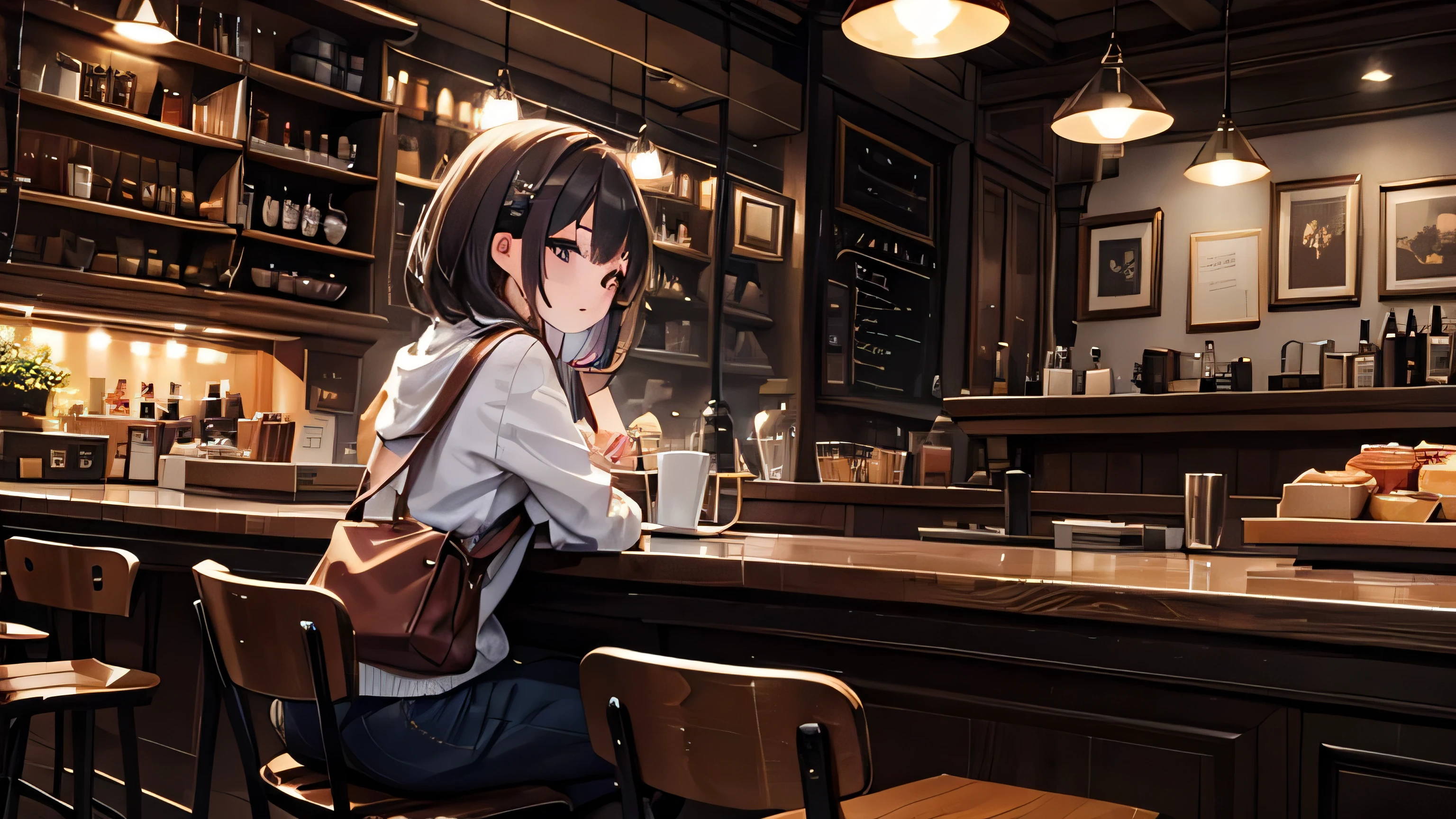 Girl listening to music in a cafe