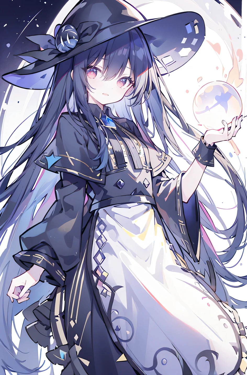 oung Girls,Humanity,A magician always smiles,big witch hat,cute,dark blue long hair,The eyes are dull,The bangs are heavy,Thin eyebrows,fantasy,intake,Double teeth,Star Theme,Constellation pattern,Solid color clothetal decoration,cloak,A bit of a dark atmosphere,A little crazy smile,When the big moon shines outside at night,blood,Hair black star embellishment,Short tie,No nails,High waist skirt,Bell sleeves,Long-sleeved shirt,Black tie,low risk,gentlemen。Mist、Yellow and white effect，Shocking pink as an accent color