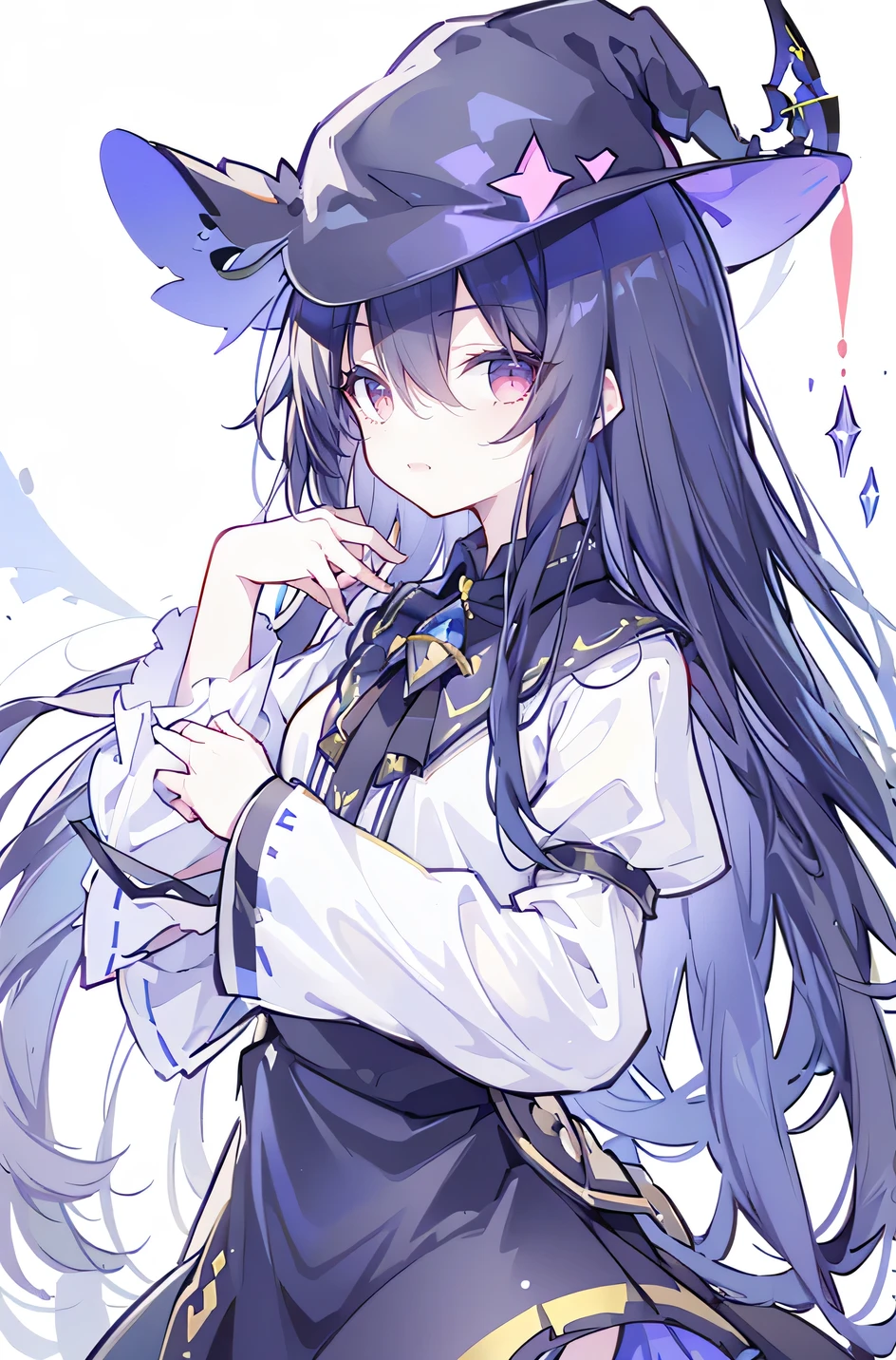 oung Girls,Humanity,A magician always smiles,big witch hat,cute,dark blue long hair,The eyes are dull,The bangs are heavy,Thin eyebrows,fantasy,intake,Double teeth,Star Theme,Constellation pattern,Solid color clothetal decoration,cloak,A bit of a dark atmosphere,A little crazy smile,When the big moon shines outside at night,blood,Hair black star embellishment,Short tie,No nails,High waist skirt,Bell sleeves,Long-sleeved shirt,Black tie,low risk,gentlemen。Mist、Yellow and white effect，Shocking pink as an accent color