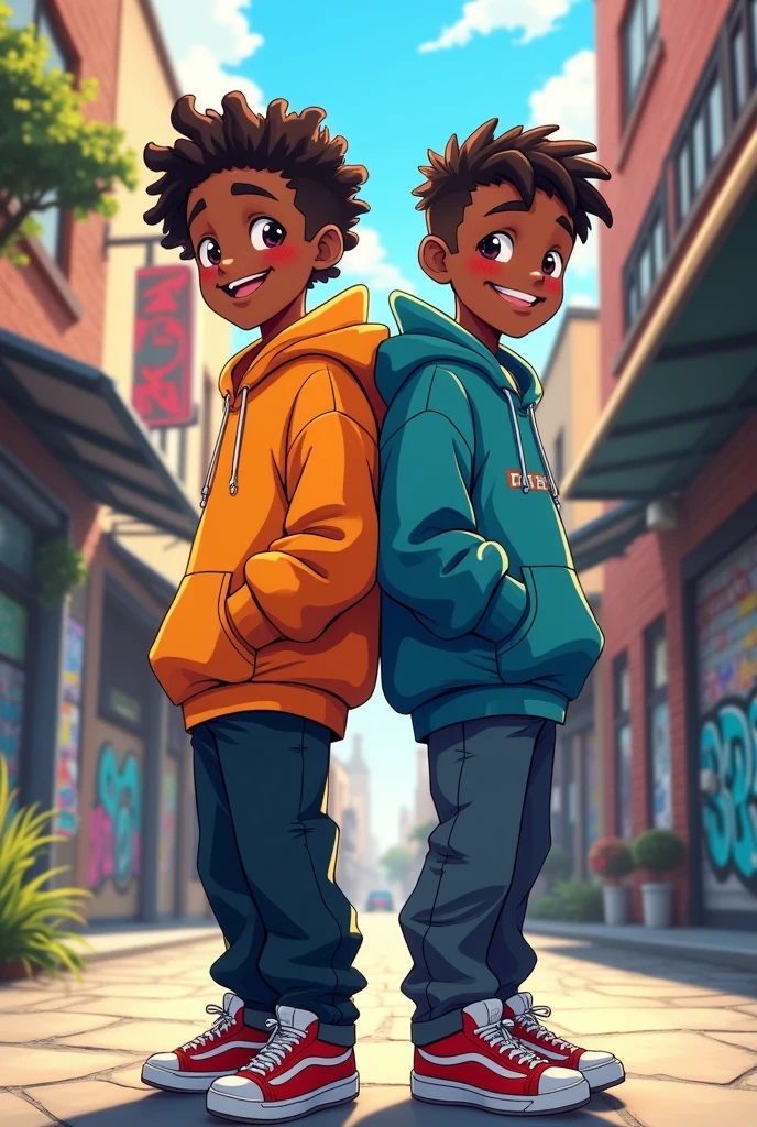 2 garcon noir dos a dos qui sourit dans un style anime