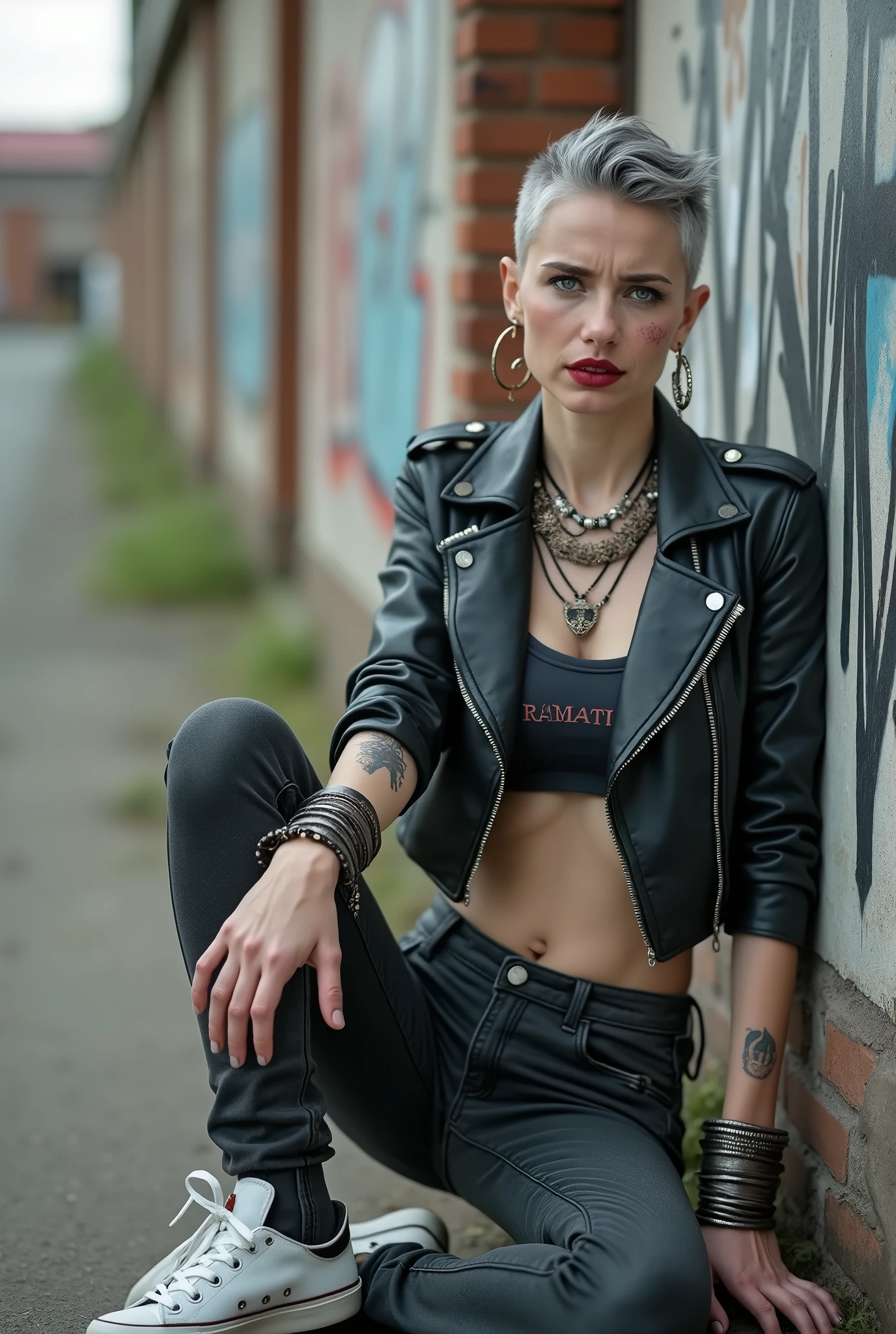 russian old woman, biker gang member, short grey hair combed back with hair gel, with very light blue eyes, extremely pale, heavy eye shadows. Thin. Sad, humbce, smeared excessive make up and smeared excessive dark red lipstick Wearing cropped black moto jacket, black cropped t-shirt with rock band logo, skinny black jeans and white tennis sneakers. Lots of metallic bracelets. pentacle pendants. Tacky wide belt with massive skull and bones buckle . Tattoed. Piercing in belly button. Lof rings and ethnic bracelets. Wide loop earrings. Sitting on the ground, looks at the camera in shame. Toned abs, long neck, thin arms and legs
