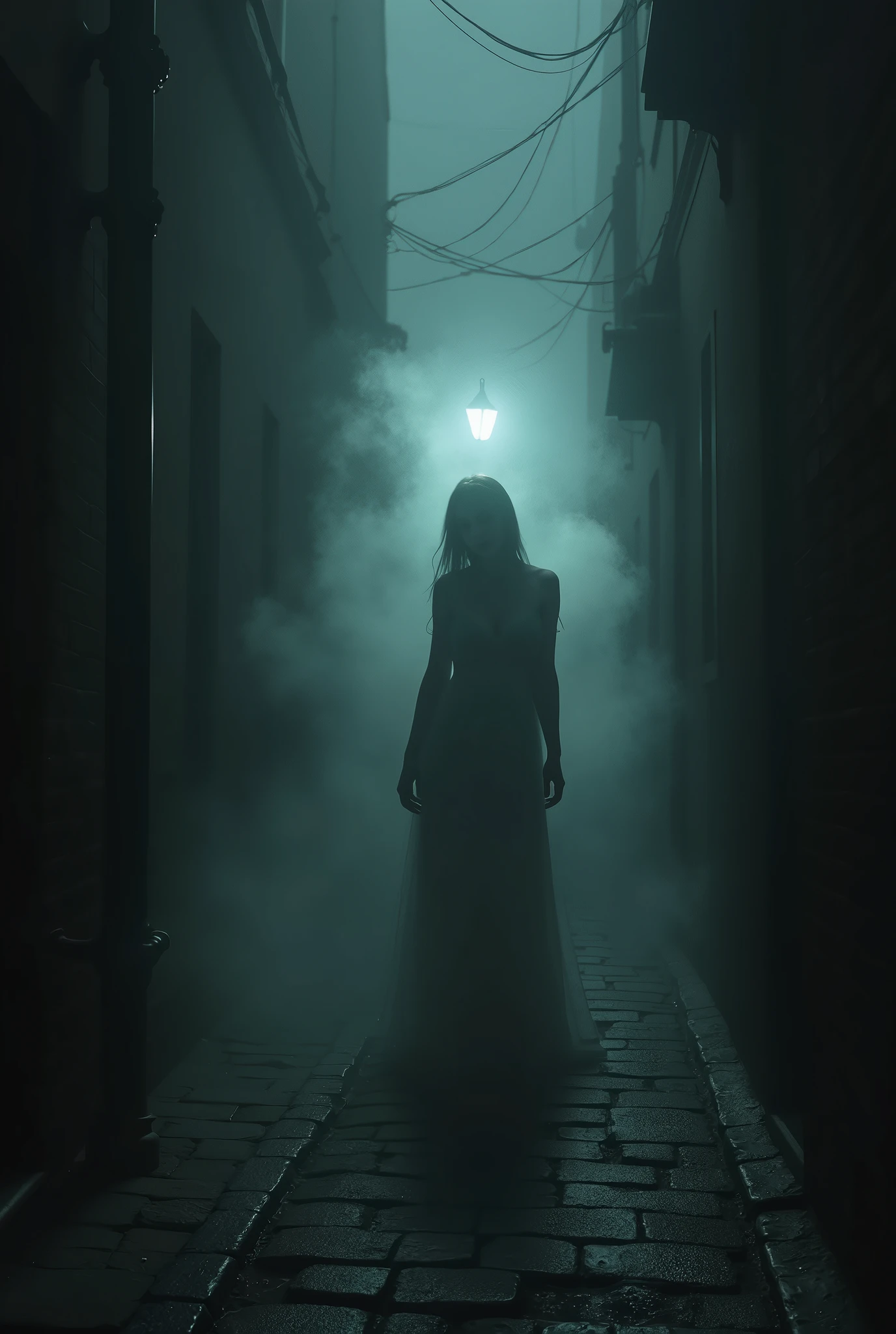 In the darkness, the only thing that can be seen is the ghostly face of the woman, her hollow eyes staring out from the shadows