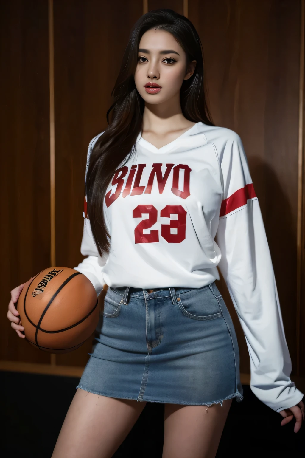 1 girl standing, wearing basketball shirt, miniskirt, extremely detailed, photorealistic, holding basketball, 27 years old, long hair, beautiful detailed eyes, beautiful detailed lips, cinematic lighting, 8k, high quality, realistic skin texture, dynamic pose, breathtaking, cinematic composition, dramatic shadows, vivid colors, masterpiece