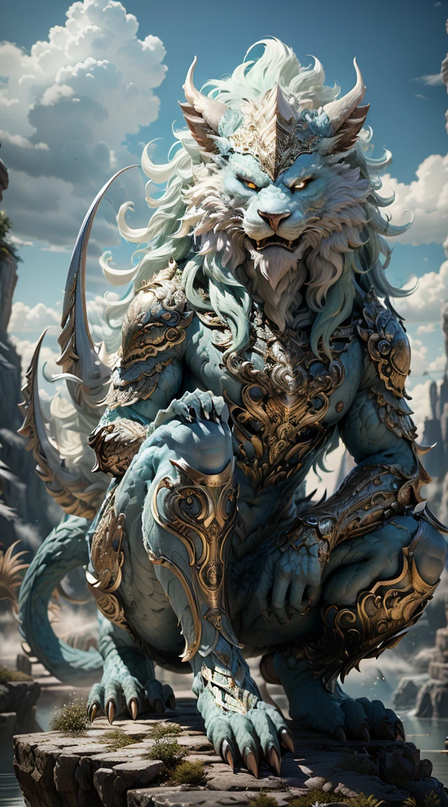 Great Wilderness East Meridian,Dream state、Fantastic、anthropomorphic mythical beast、Banya,masterpiece,foot nail,pale,Sickle,Safety,Layered Hair,inflammation,White,fur,Pastel Green,metal armor,Ultra-high resolution,high quality,Export details