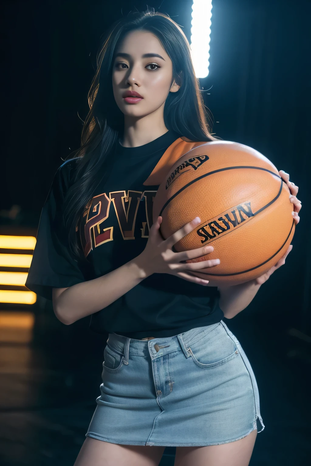 1 girl standing, wearing basketball shirt, miniskirt, extremely detailed, photorealistic, holding basketball, 27 years old, long hair, beautiful detailed eyes, beautiful detailed lips, cinematic lighting, 8k, high quality, realistic skin texture, dynamic pose, breathtaking, cinematic composition, dramatic shadows, vivid colors, masterpiece