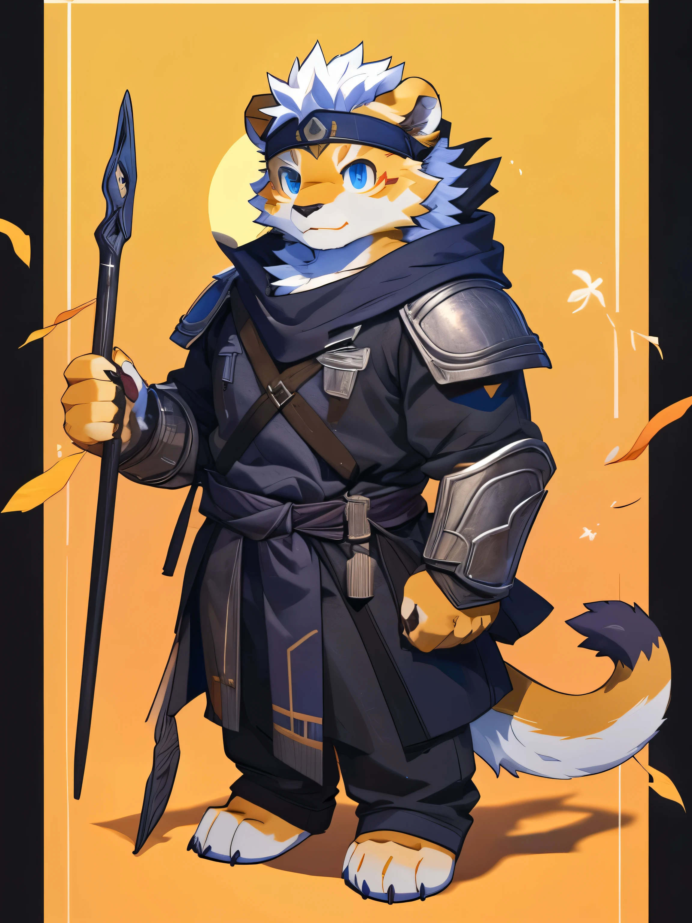 nj5furry,kemono,full-length portrait,anthro,hi res,male,White hair,Little lion,warrior,Headband,Metal Armor,strong,Plush paw,Fluffy hair,Plush tail,A tail,Delicate eyes,Detailed eyes