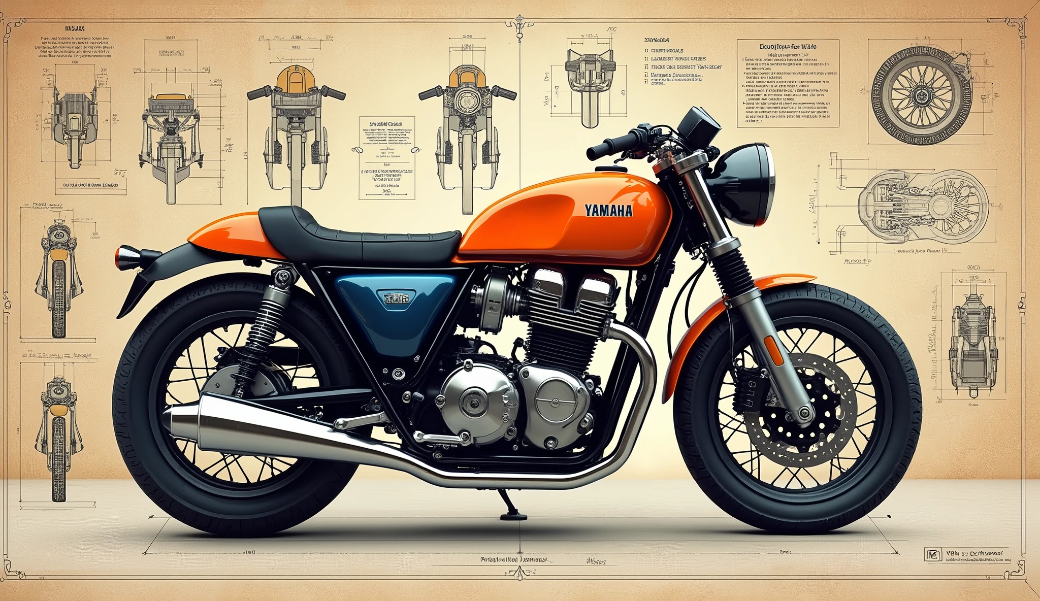 Create a 70s motorcycle model that is unlike any other brand..,  With Yamaha brand at the forefront, Images must be in blueprint form