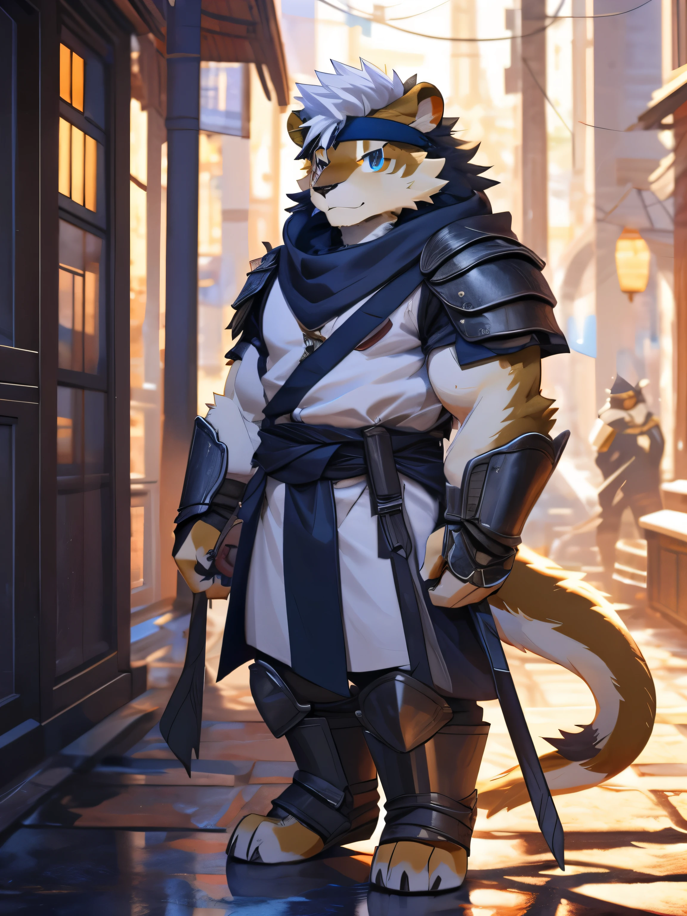 nj5furry,kemono,full-length portrait,anthro,hi res,male,White hair,lion,warrior,Headband,Metal Armor,strong,White furry paws,Fluffy hair,Plush tail,A tail,Delicate eyes,Detailed eyes