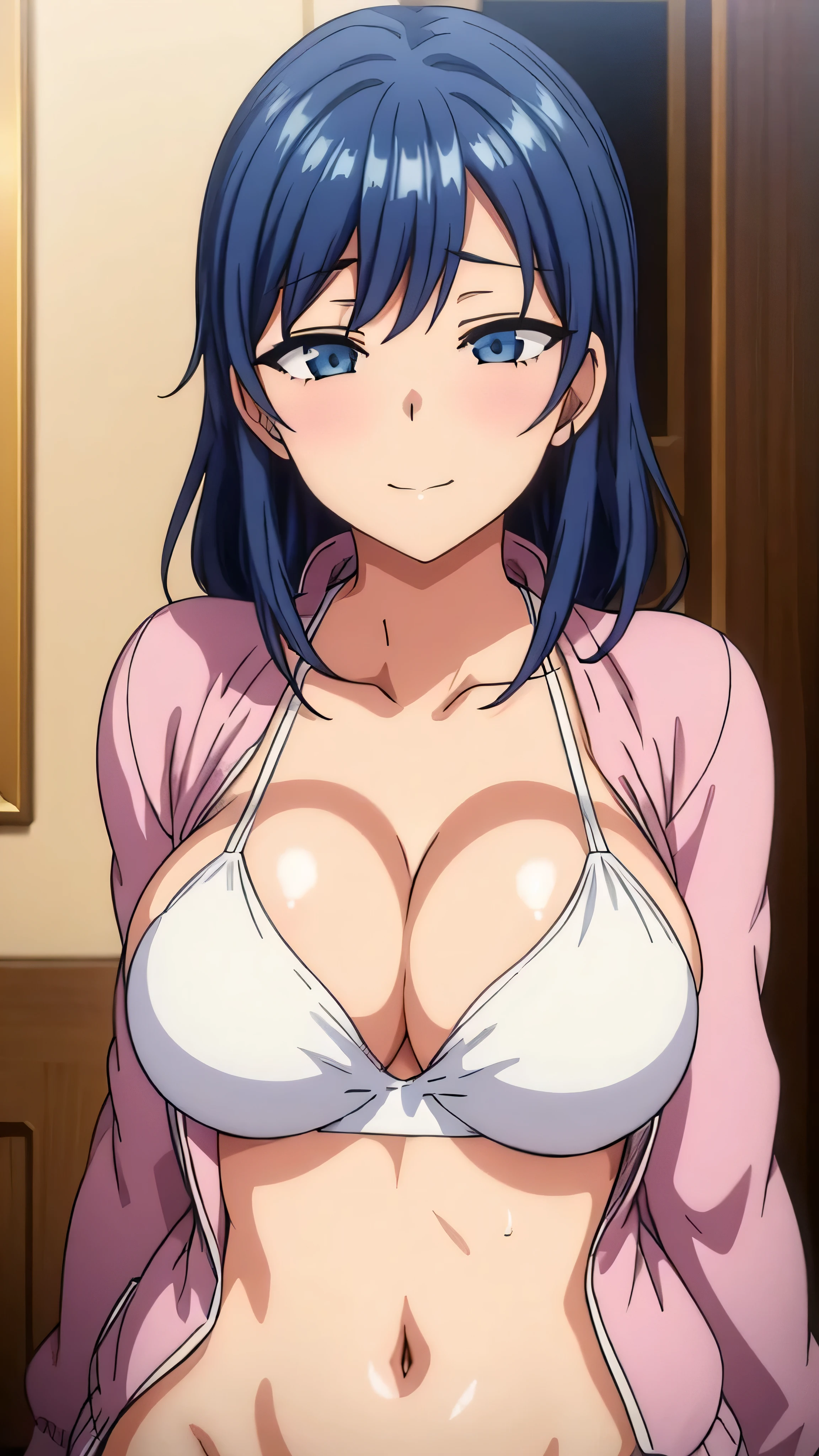 (((masterpiece))),fuyumi itadori, Anime girl characters, 1girl, solo, looking at viewer, medium hair long sleeves, cleavage, bigger breasts, closed mouth, collarbone, jacket, open clothes, open jacket, blue jacket, ground vehicle, sports bra, tall girl, horny, big ass, beautiful face,Charming, anime visual of a cute girl, screenshot from the anime film, & her expression is solemn, ahegao face, in the anime film, in an anime, anime visual of a young woman, she has a cute expressive face, still from anime, perfect breasts, she is tall, All bodies visible, ahegao face, the face is ahegao, she is horny, A perverted face, she so perverted, she smile so perverted, hd picture, 4k quality, details of the face is so good,bigger breasts, bigger breasts, more bigger breast and ass, another pose