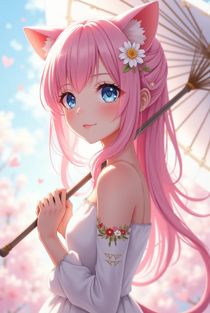 Fairy tail art style, girl, pastel light pink hair, cat ears, jirai kei style, white highlighted hair tips, ice blue eyes, cat tail, white parasol with flower patterns, flower earring on one side, little flowers on hair, flower hairpin, fairy tail mark on front shoulder, anime, elegant, mature, long hair, adult