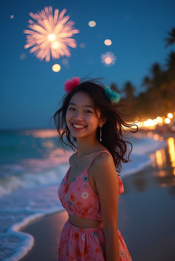 Japanese,18-year-old,Young girl,Randomly generated people with diverse facial features and hairstyles々,Perfect Anatomy,Ocean,Beach,firework,Night Sky,Launch firework, Ocean,cute,photo shoot,magazine photograph