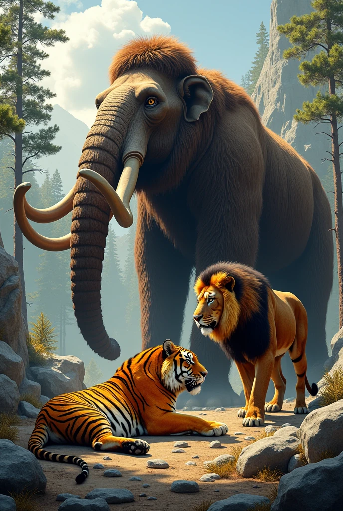 Ferocious giant woolly mammoth standing, a killed tiger deadbody is placed in front of lion, menace, too realistic,