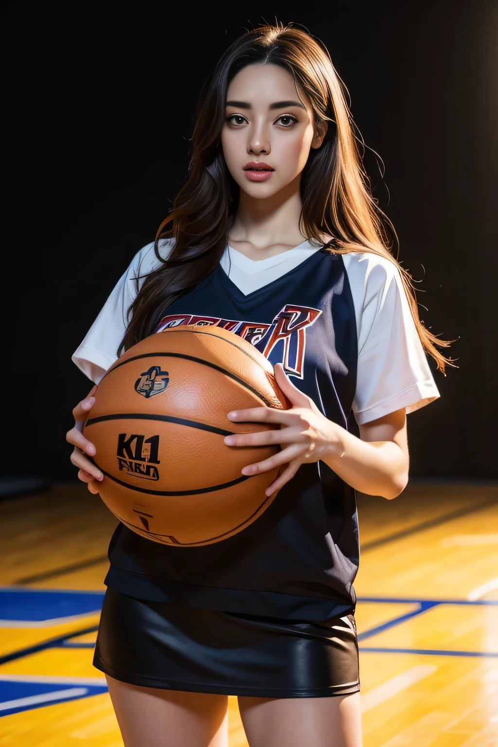 1 girl standing, wearing basketball shirt, miniskirt, extremely detailed, photorealistic, holding basketball, 27 years old, long hair, beautiful detailed eyes, beautiful detailed lips, cinematic lighting, 8k, high quality, realistic skin texture, dynamic pose, breathtaking, cinematic composition, dramatic shadows, vivid colors, masterpiece