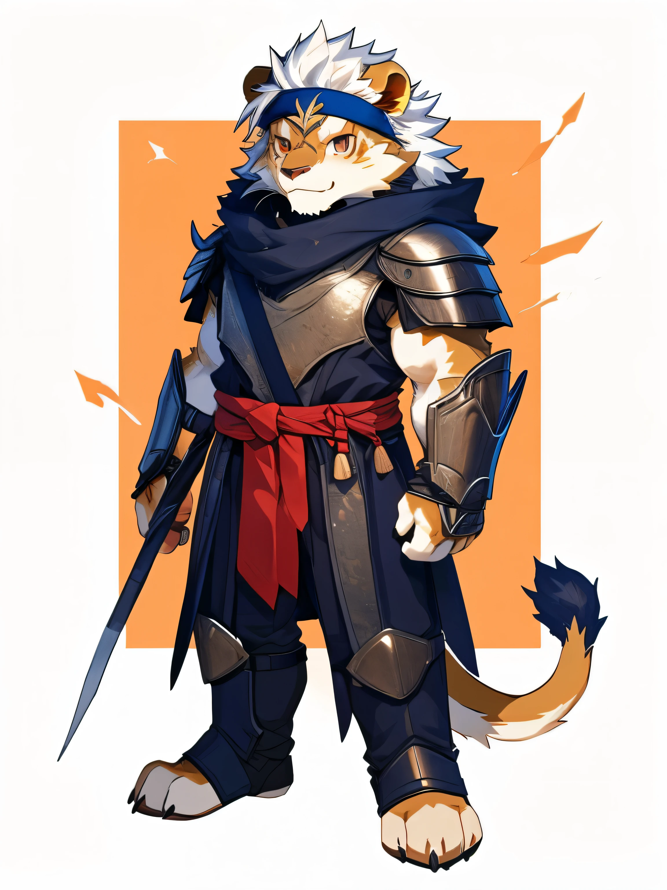 nj5furry，kemono，full-length portrait，anthro，hi res，male，White hair，lion，warrior，Headband，Metal Armor，strong，White furry paws，Fluffy hair，Plush tail，A tail，Delicate eyes，Detailed eyes