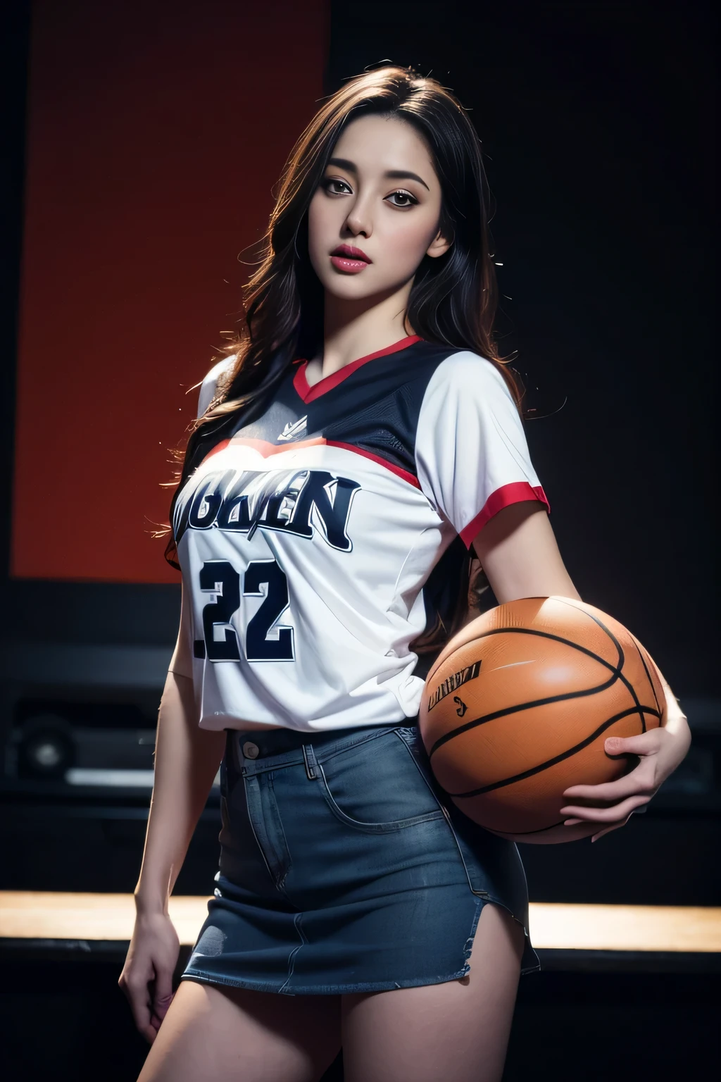 1 girl standing, wearing basketball shirt, miniskirt, extremely detailed, photorealistic, holding basketball, 27 years old, long hair, beautiful detailed eyes, beautiful detailed lips, cinematic lighting, 8k, high quality, realistic skin texture, dynamic pose, breathtaking, cinematic composition, dramatic shadows, vivid colors, masterpiece